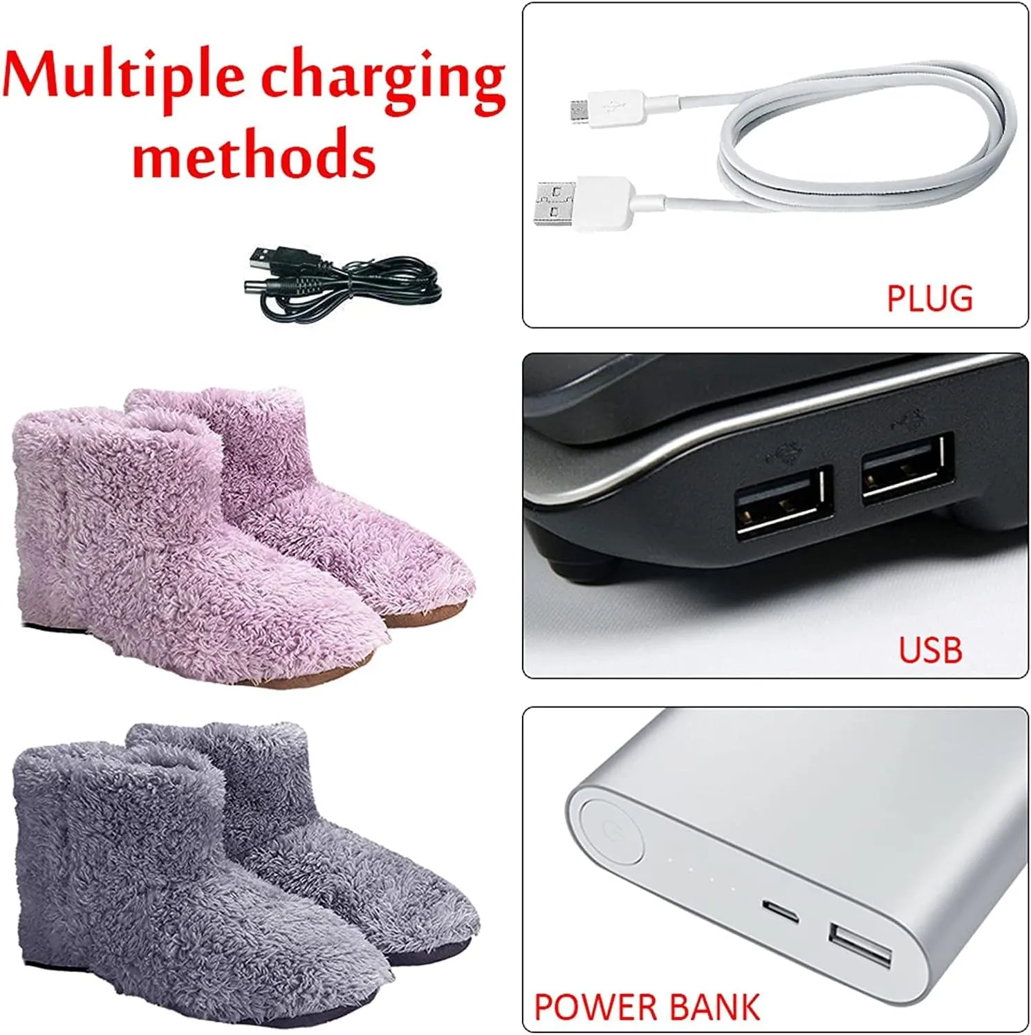 DKULMN USB Heated Slippers Rechargeable,Plush Shoe Slippers Plush Ankle Bootie Slippers Indoor Warm House Shoes for Office Home,Gray,7