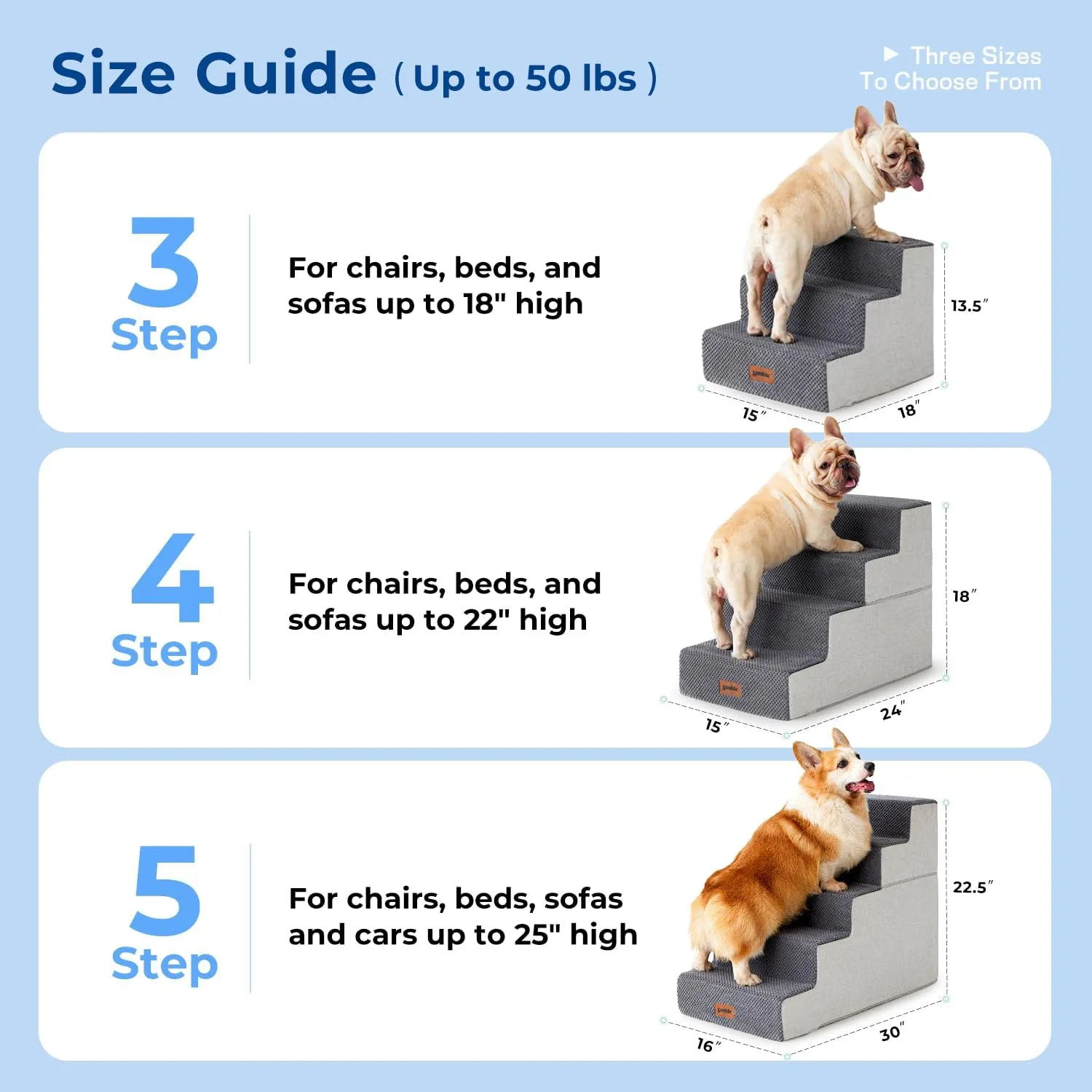 Dog Stairs for Small Dogs - Pet Stairs 2 in 1 with Zippers Suitable for Couch and Bed, 30D Foam Dog Steps with Non Slip Bottom Grey 4 Steps, Grey
