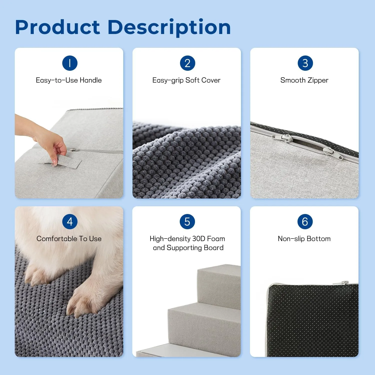 Dog Stairs for Small Dogs - Pet Stairs 2 in 1 with Zippers Suitable for Couch and Bed, 30D Foam Dog Steps with Non Slip Bottom Grey 4 Steps, Grey