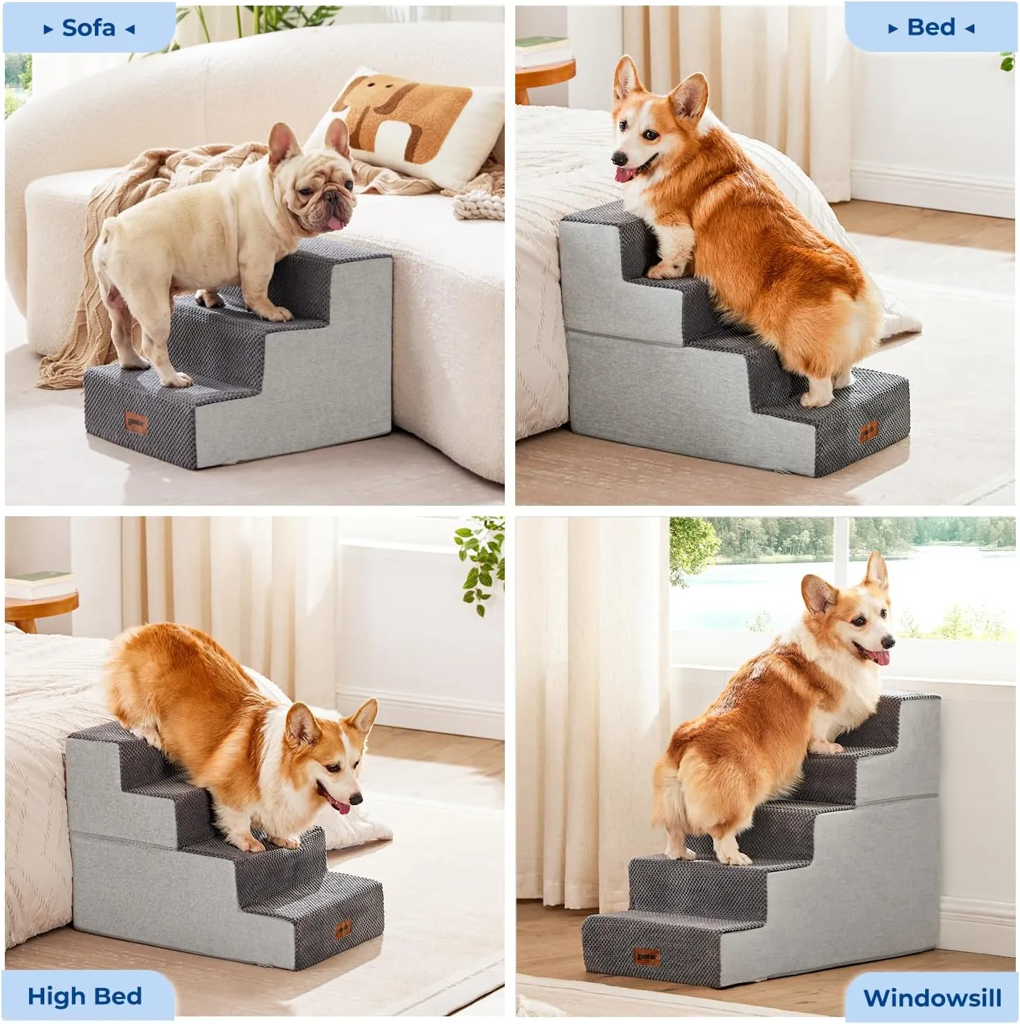 Dog Stairs for Small Dogs - Pet Stairs 2 in 1 with Zippers Suitable for Couch and Bed, 30D Foam Dog Steps with Non Slip Bottom Grey 4 Steps, Grey