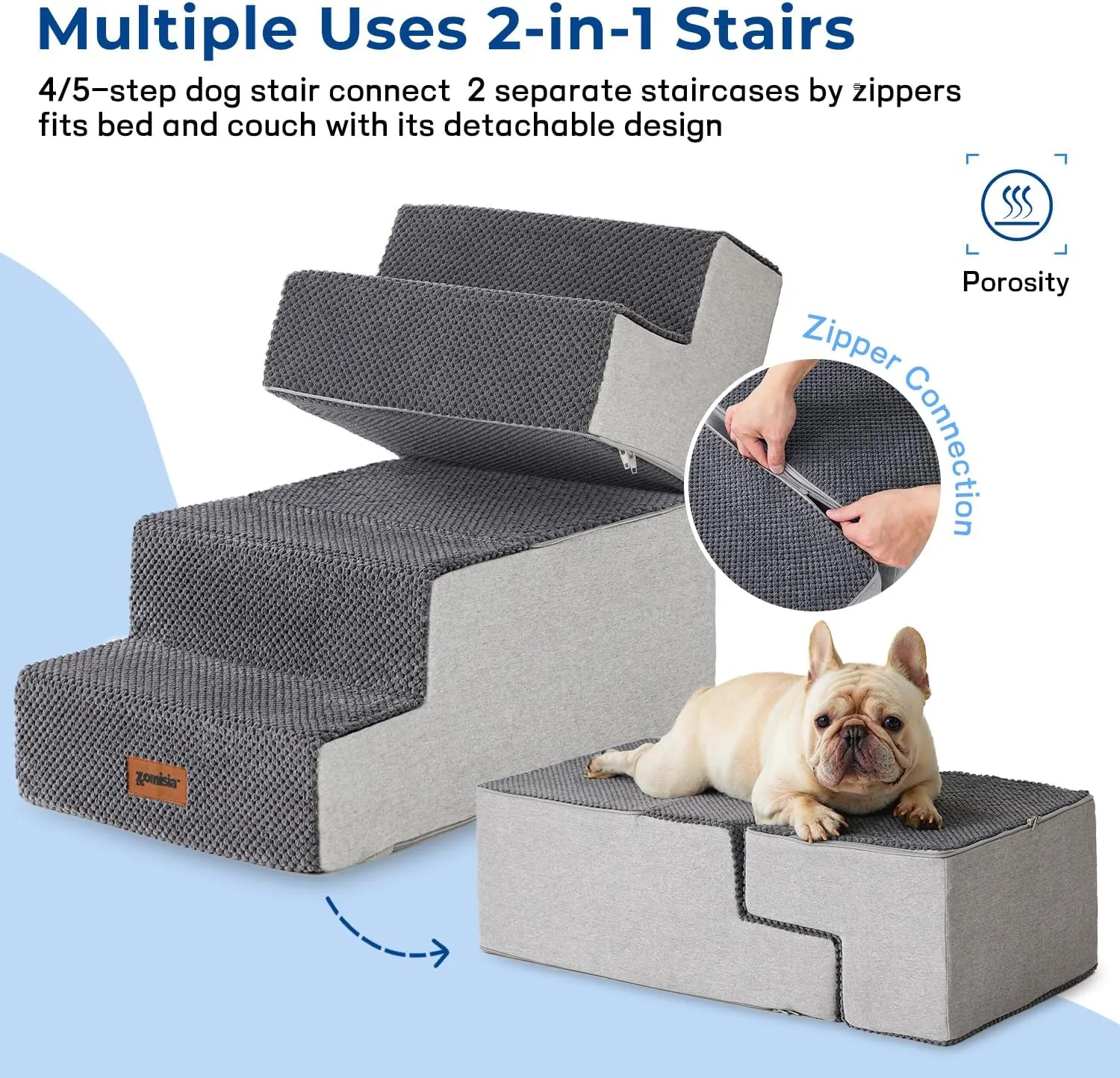 Dog Stairs for Small Dogs - Pet Stairs 2 in 1 with Zippers Suitable for Couch and Bed, 30D Foam Dog Steps with Non Slip Bottom Grey 4 Steps, Grey