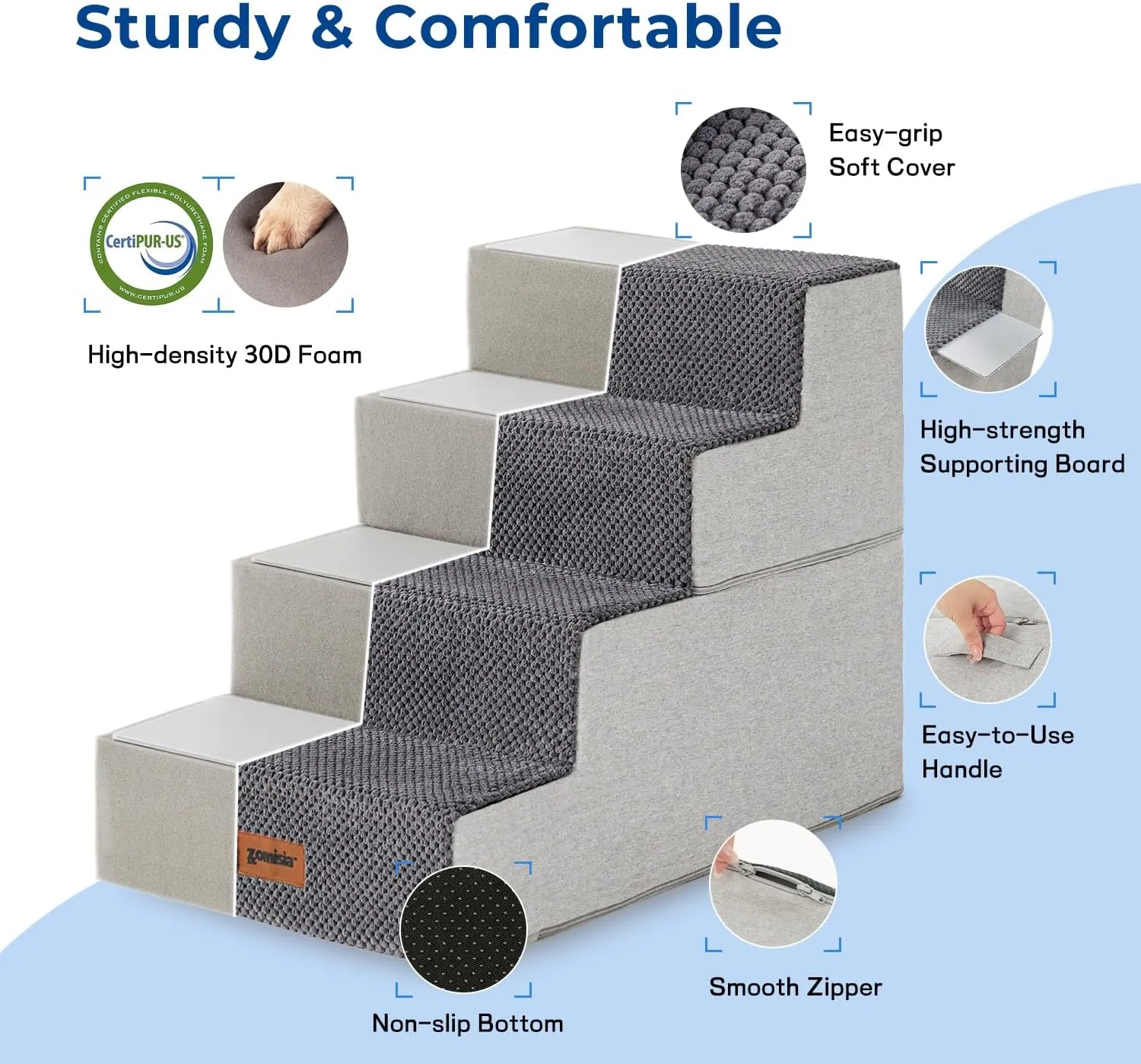 Dog Stairs for Small Dogs - Pet Stairs 2 in 1 with Zippers Suitable for Couch and Bed, 30D Foam Dog Steps with Non Slip Bottom Grey 4 Steps, Grey