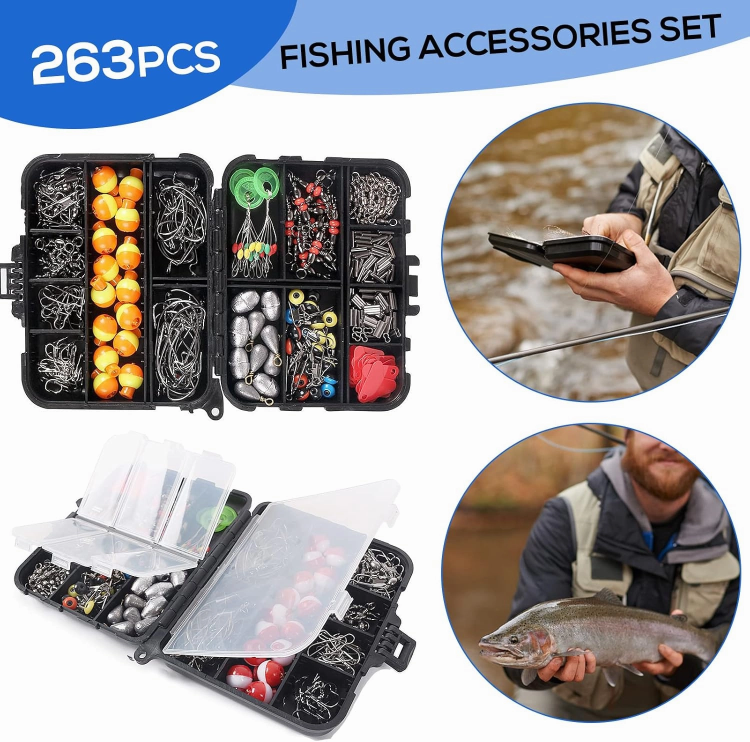 doorslay 263pcs Fishing Accessories Set with Tackle Box Including Plier Jig Hooks Sinker Weight Swivels Snaps Sinker Slides