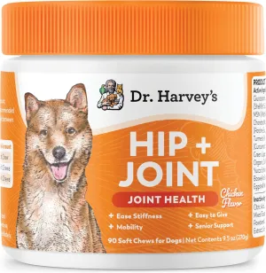 Dr. Harvey's Hip & Joint Soft Chews for Dogs, Daily Mobility Supplement Chewable Bites for Dogs with Glucosamine, Chondroitin & MSM, Green Lipped Mussel, Chicken Flavor (90 Chews)