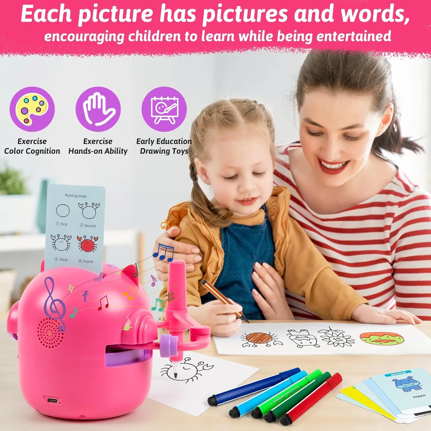Drawing Robot for Kids, Interactive Educational Drawing Robot, Magic Painting Robot Toy with 100 Word Cards & 16 Color Pens for Girls and Boys Age 3  (Pink)