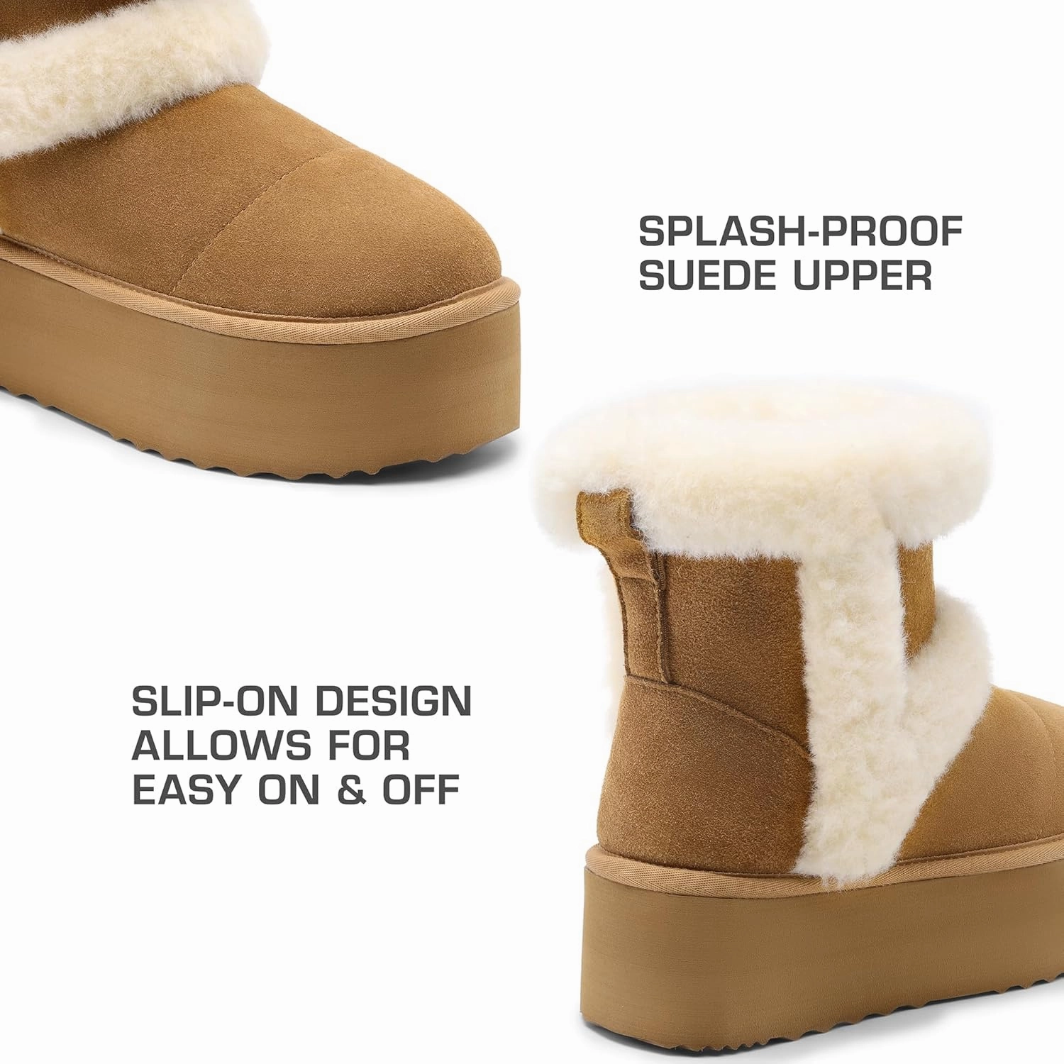 DREAM PAIRS Winter Platform Fur Boots for Women Genuine Suede Faux Fur Snow Booties Classic Warm Slip-On Memory Foam Comfort FuzzyChic Plush Platform Ankle Boots