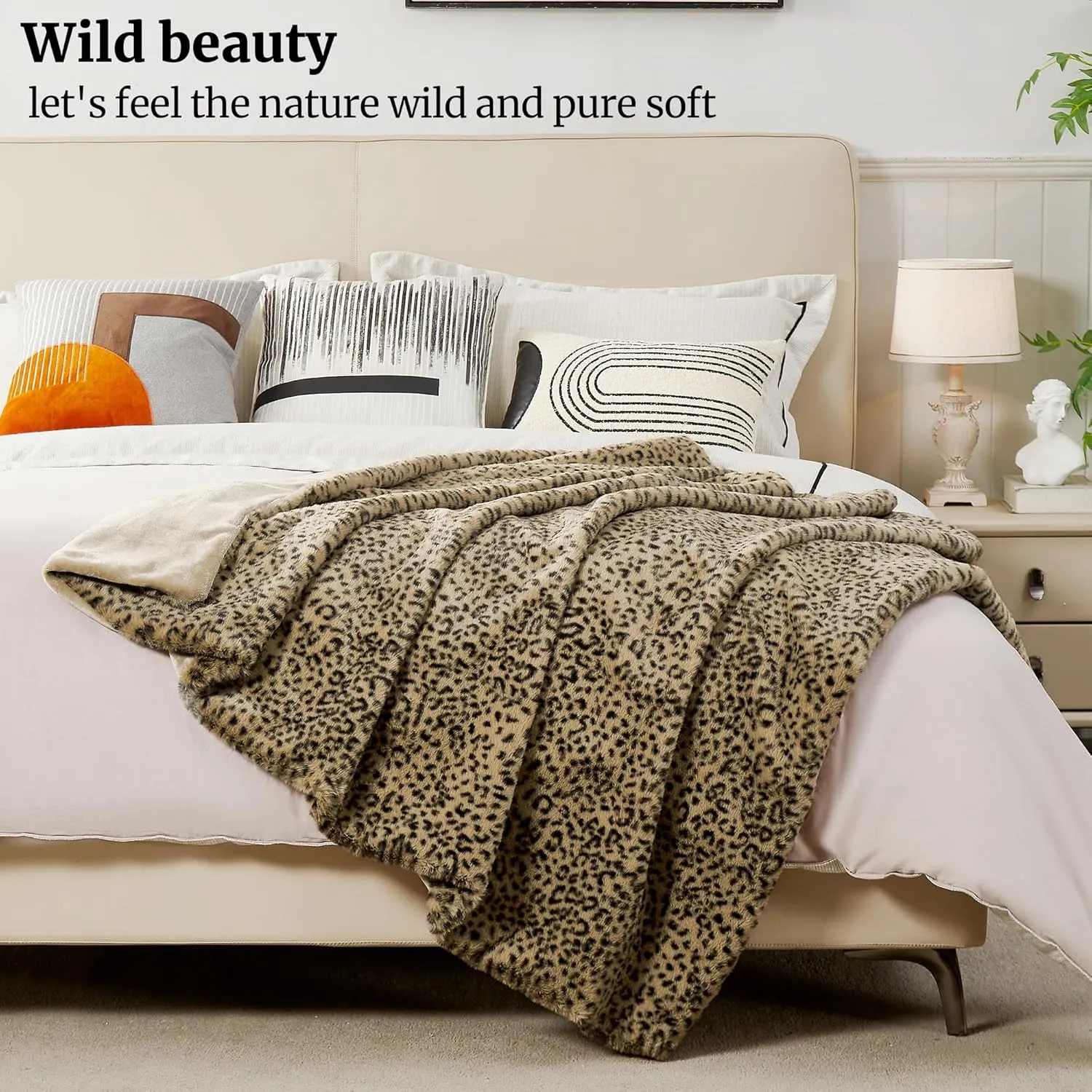 DREAMNINE Luxury Leopard Print Faux Rabbit Fur Blanket for Couch 50" x 60", Decorative Soft Cozy Fluffy Cheetah Microfiber Blankets,Warm Blanket for Winter, Animal Print Thick Fuzzy Lap Blankets, Tan