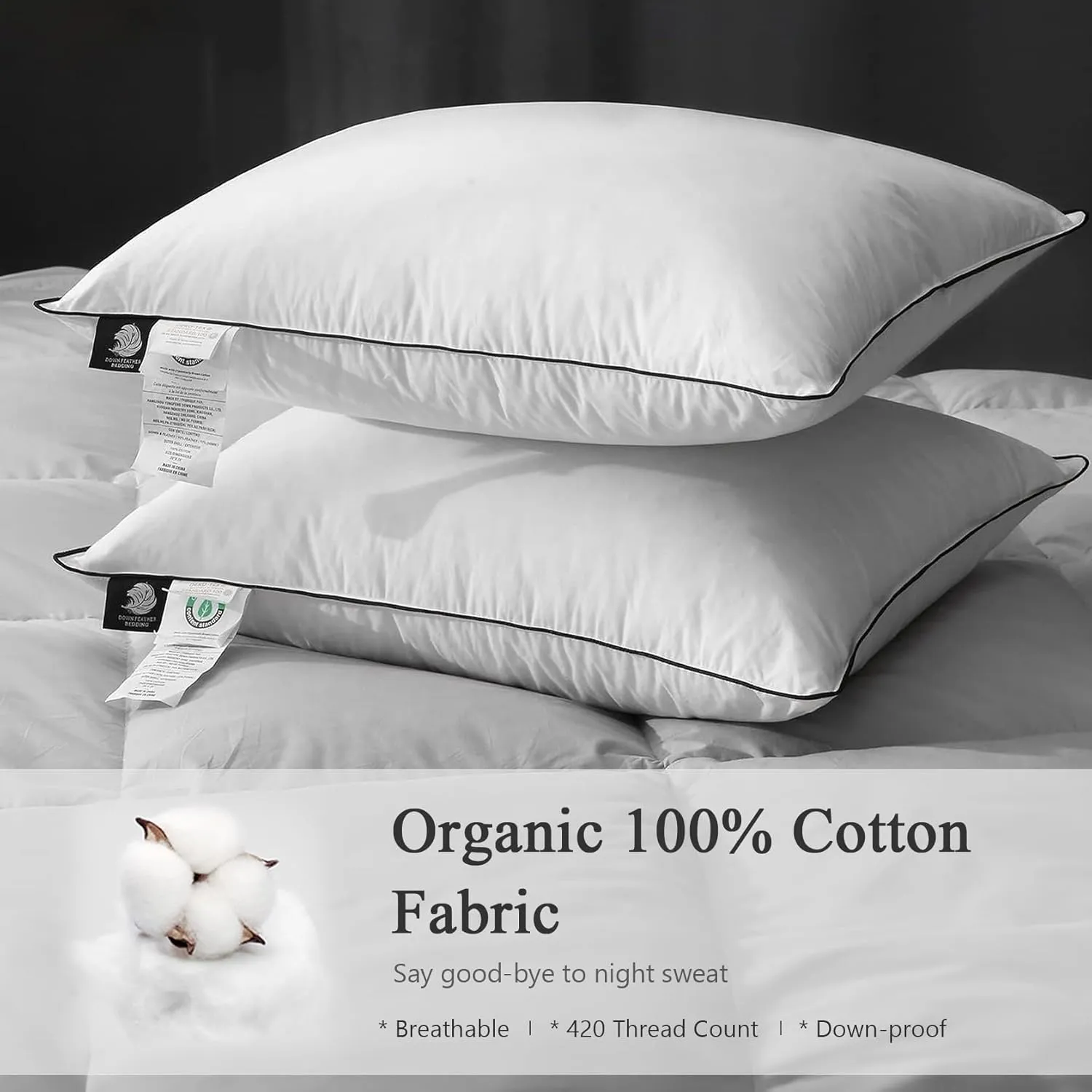DWR Goose Feather Down Core Pillow Surrounded by Polyester 2 Pack, 100% Organic Cotton Covered, Medium Support, Queen Size Bed Pillow Inserts(20x30, Set of 2)