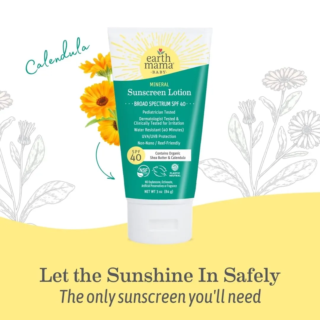 Earth Mama Baby Mineral Sunscreen Lotion SPF 40 | Reef Safe, Non-Nano Zinc, Natural Water Resistant Sun Cream for Babies, Kids & Adults, 3-Ounce