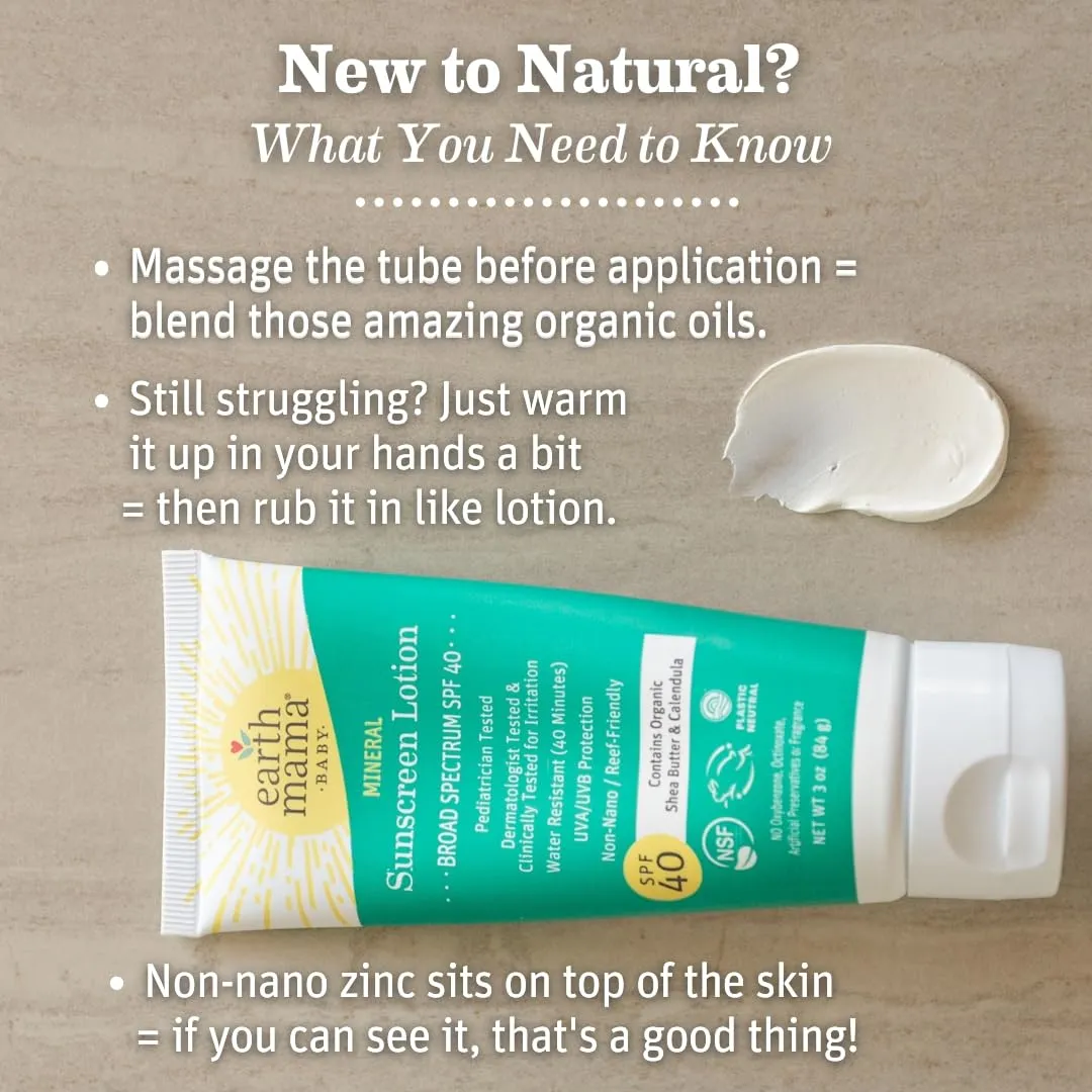 Earth Mama Baby Mineral Sunscreen Lotion SPF 40 | Reef Safe, Non-Nano Zinc, Natural Water Resistant Sun Cream for Babies, Kids & Adults, 3-Ounce