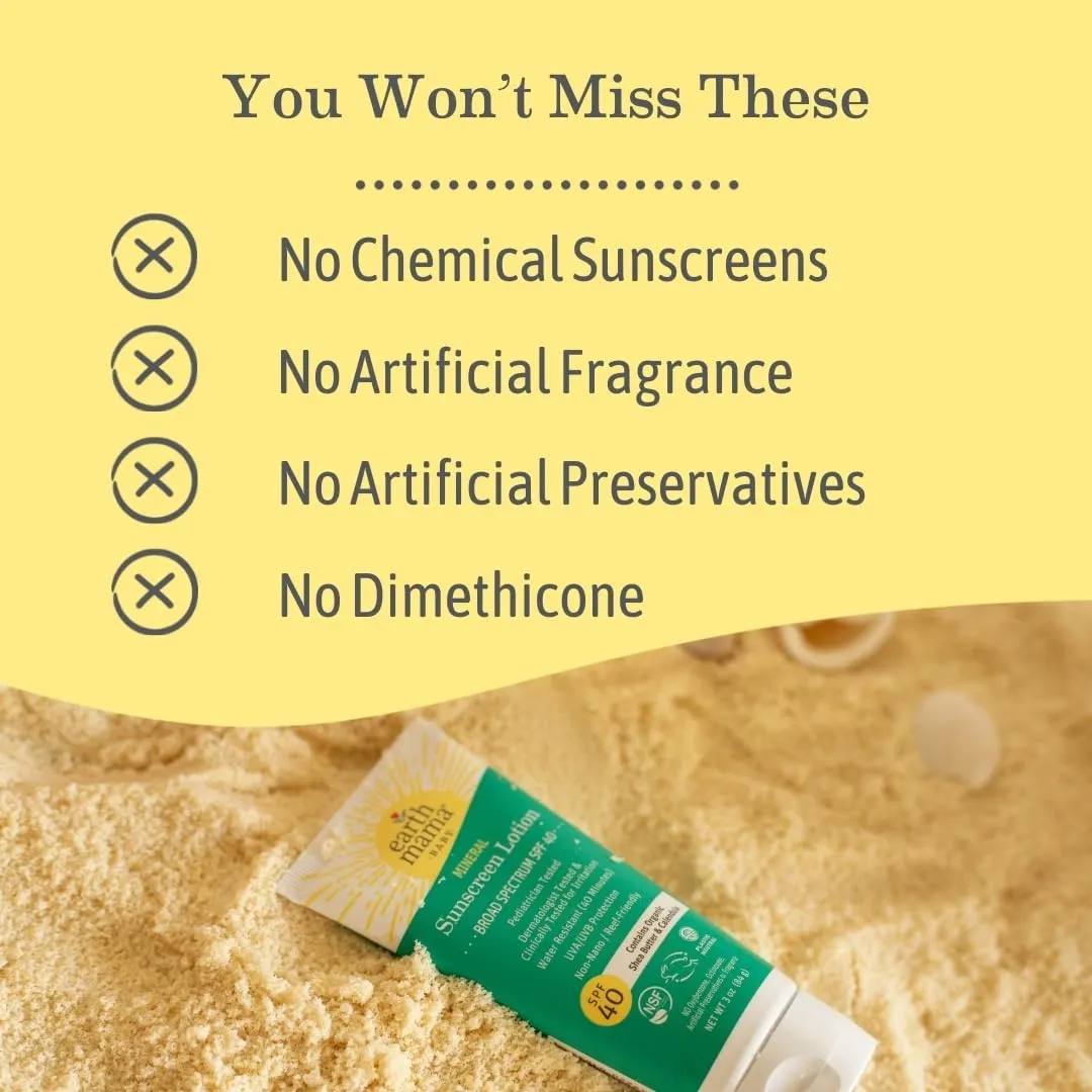 Earth Mama Baby Mineral Sunscreen Lotion SPF 40 | Reef Safe, Non-Nano Zinc, Natural Water Resistant Sun Cream for Babies, Kids & Adults, 3-Ounce