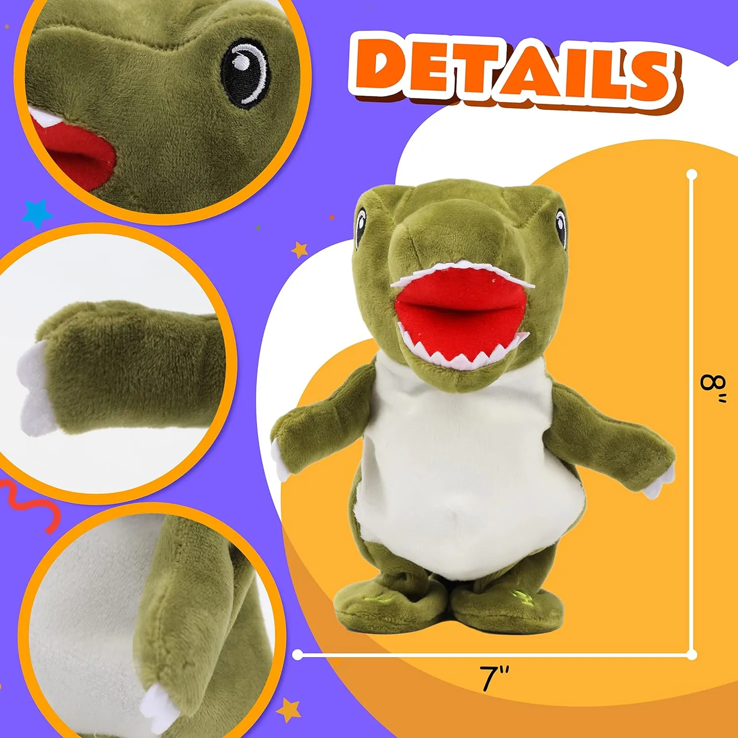 Easfan Talking Dinosaur Toy Repeats What You Say Stuffed Animal Walking Singing Musical Electric Interactive Educational Funny Animated Plush Toy Birthday for Kids Toddlers Green,8’’