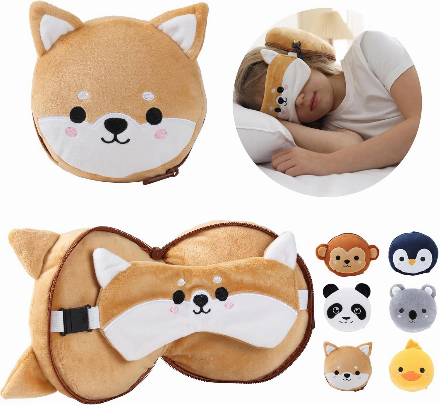 ecoZen Lifestyle Travel Pillow Set with Eye Mask - Comfort for Traveling Kids - Soft and Supportive Neck Pillow, Perfect for Plane, Car, or Train Journeys - Dog Design