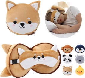 ecoZen Lifestyle Travel Pillow Set with Eye Mask - Comfort for Traveling Kids - Soft and Supportive Neck Pillow, Perfect for Plane, Car, or Train Journeys - Dog Design