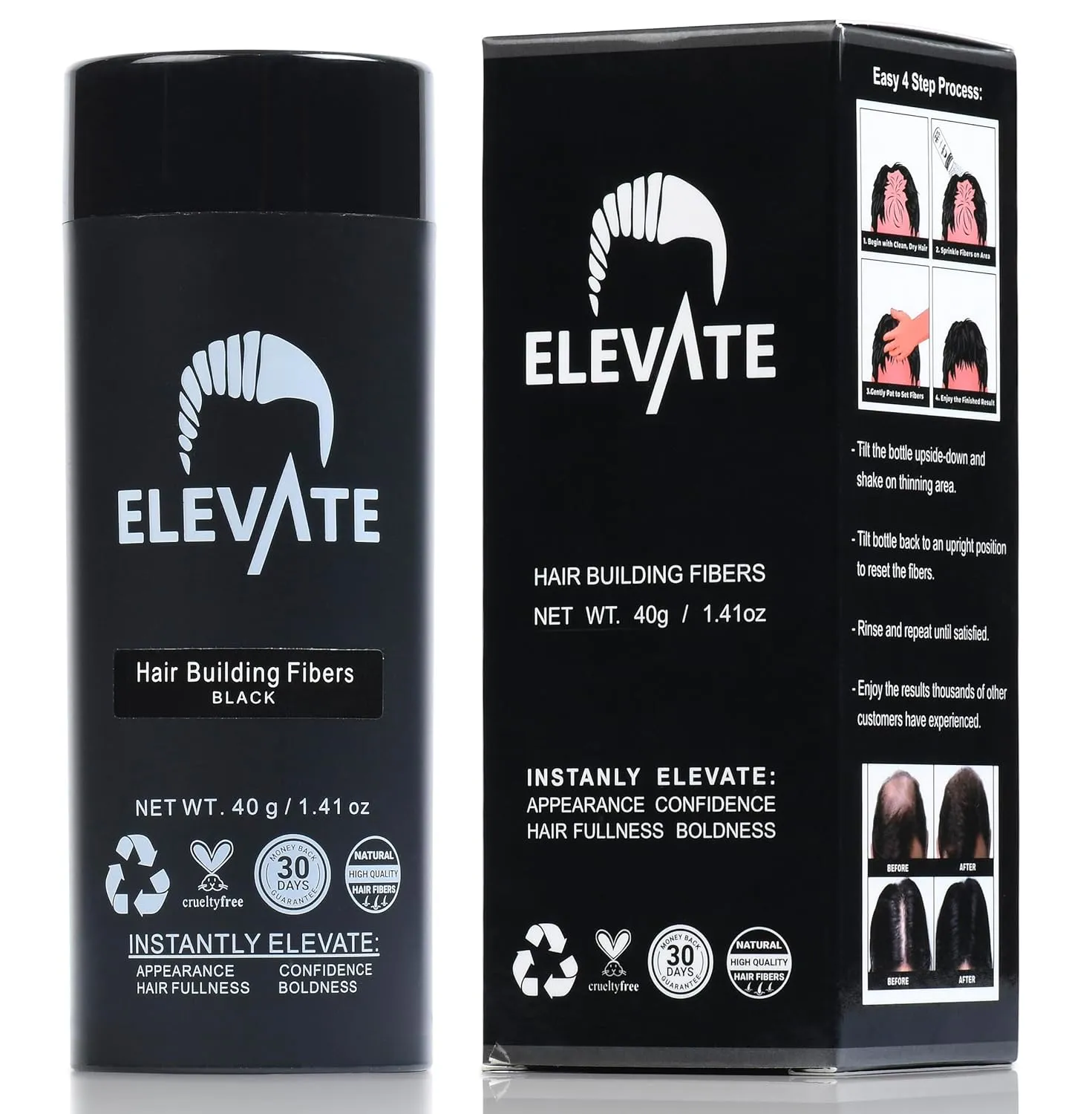 ELEVATE Hair Fibers for Thinning Hair Large Size 40g Bottle - 100% Natural Undetectable Keratin Fibers to Instantly Fill in Thinning Balding Loss Area Fuller in 30 Seconds Men & Women (Black)