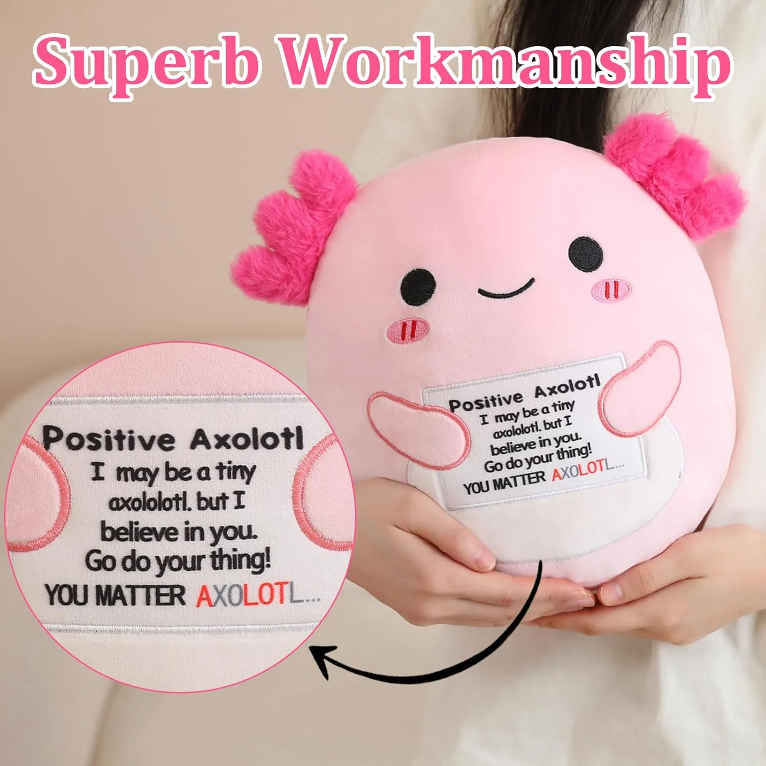 Emotional Support Axolotl, Cute Axolotl Stuffed Animal, Plush Doll Funny Reduce Pressure Toy Cheer Up Gifts for Girls Boys Party Decor 10"