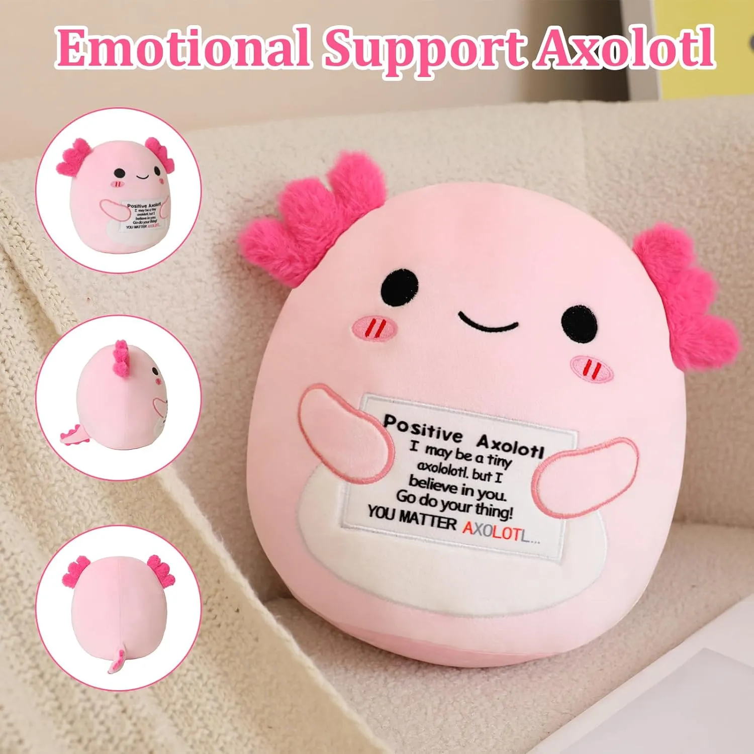 Emotional Support Axolotl, Cute Axolotl Stuffed Animal, Plush Doll Funny Reduce Pressure Toy Cheer Up Gifts for Girls Boys Party Decor 10"