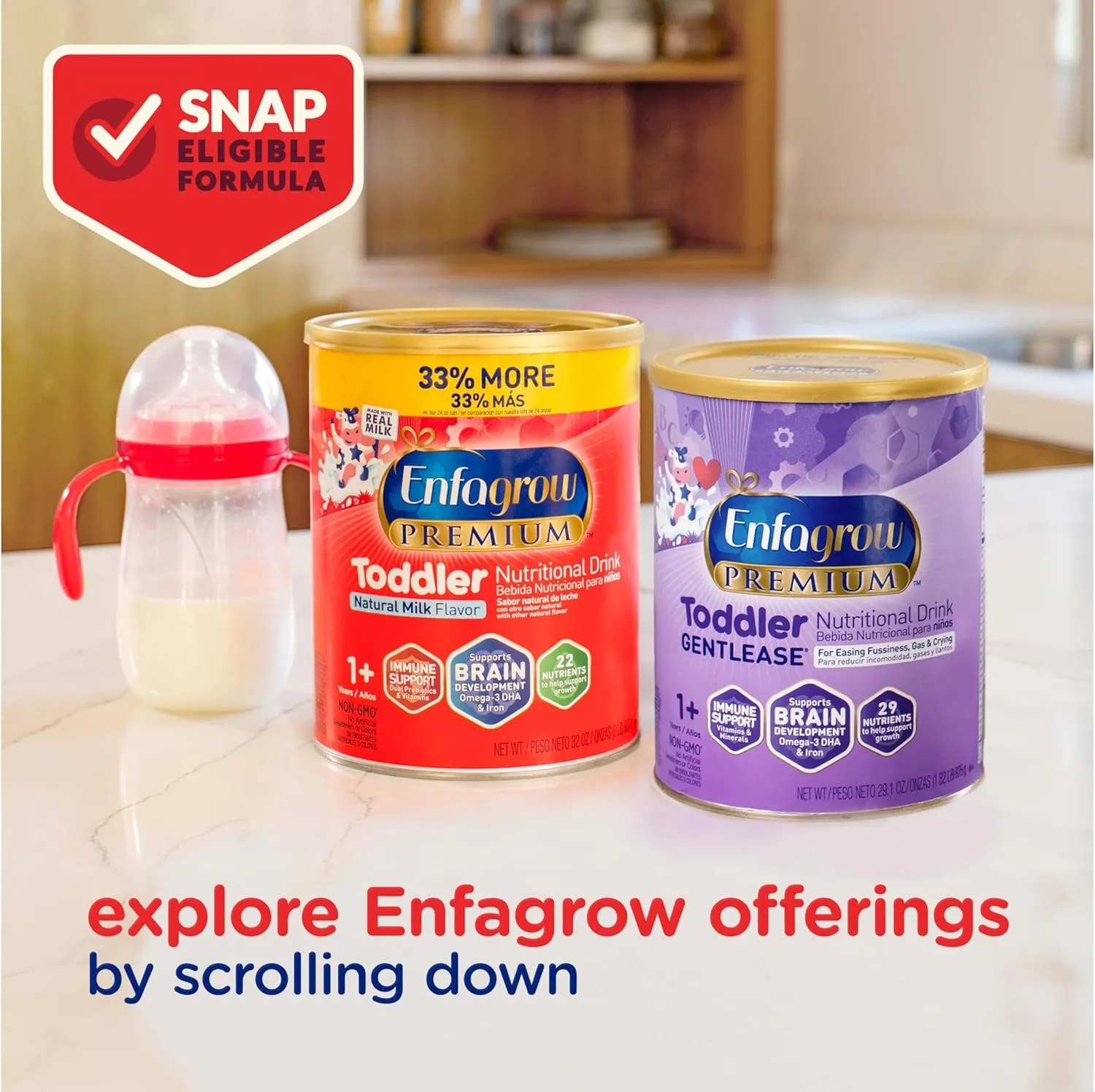 Enfagrow PREMIUM Toddler Nutritional Drink, Made with Real Milk, Brain-Building Omega-3 DHA, Nutrients and Prebiotics for Growth & Immune Support, Non-GMO, Toddler Milk Powder, 24 Oz Can
