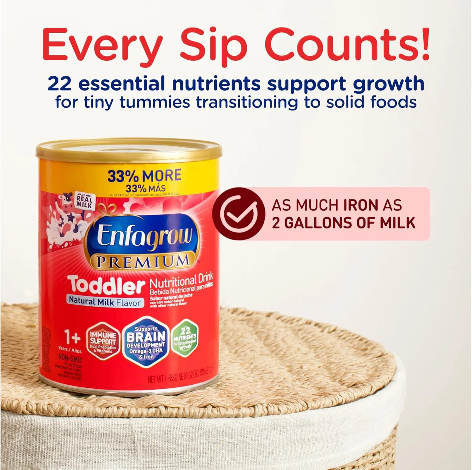 Enfagrow PREMIUM Toddler Nutritional Drink, Made with Real Milk, Brain-Building Omega-3 DHA, Nutrients and Prebiotics for Growth & Immune Support, Non-GMO, Toddler Milk Powder, 24 Oz Can