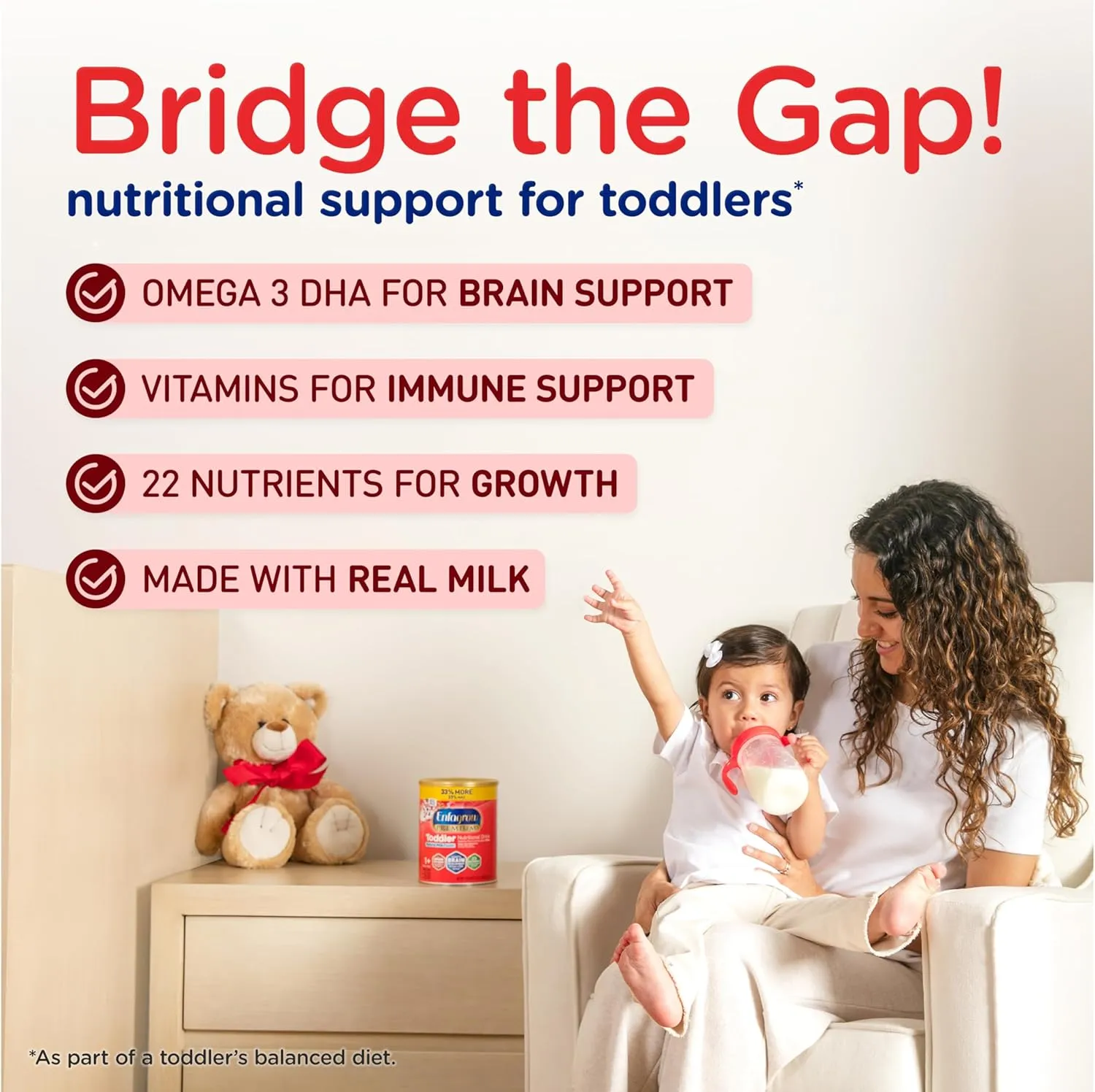 Enfagrow PREMIUM Toddler Nutritional Drink, Made with Real Milk, Brain-Building Omega-3 DHA, Nutrients and Prebiotics for Growth & Immune Support, Non-GMO, Toddler Milk Powder, 24 Oz Can