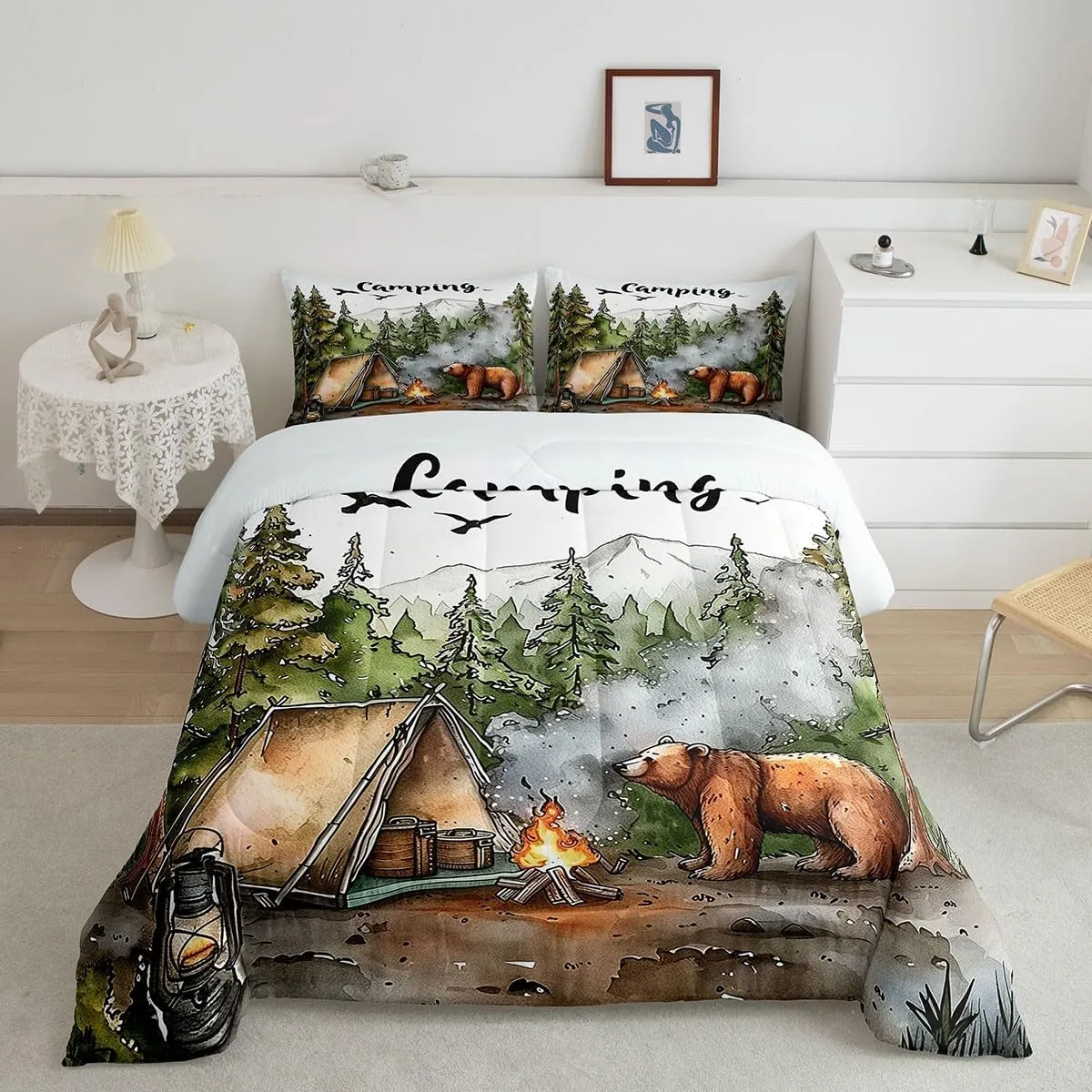 Erosebridal RV Camper Queen Bedding Set,Kids Camping Decor Comforter Set for Travel Trailers,Rustic Cabin Bear Quilt Set Forest Mountain Adventure Bed Comforter Sets,2 Pillowcases