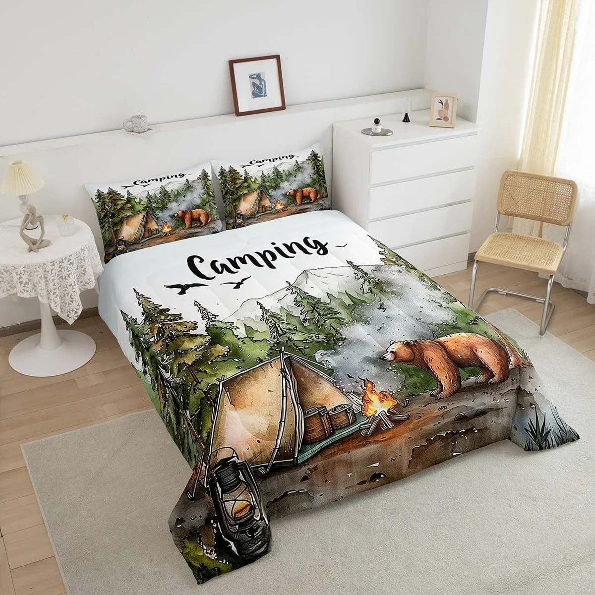 Erosebridal RV Camper Queen Bedding Set,Kids Camping Decor Comforter Set for Travel Trailers,Rustic Cabin Bear Quilt Set Forest Mountain Adventure Bed Comforter Sets,2 Pillowcases