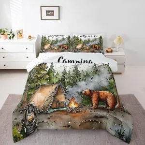 Erosebridal RV Camper Queen Bedding Set,Kids Camping Decor Comforter Set for Travel Trailers,Rustic Cabin Bear Quilt Set Forest Mountain Adventure Bed Comforter Sets,2 Pillowcases
