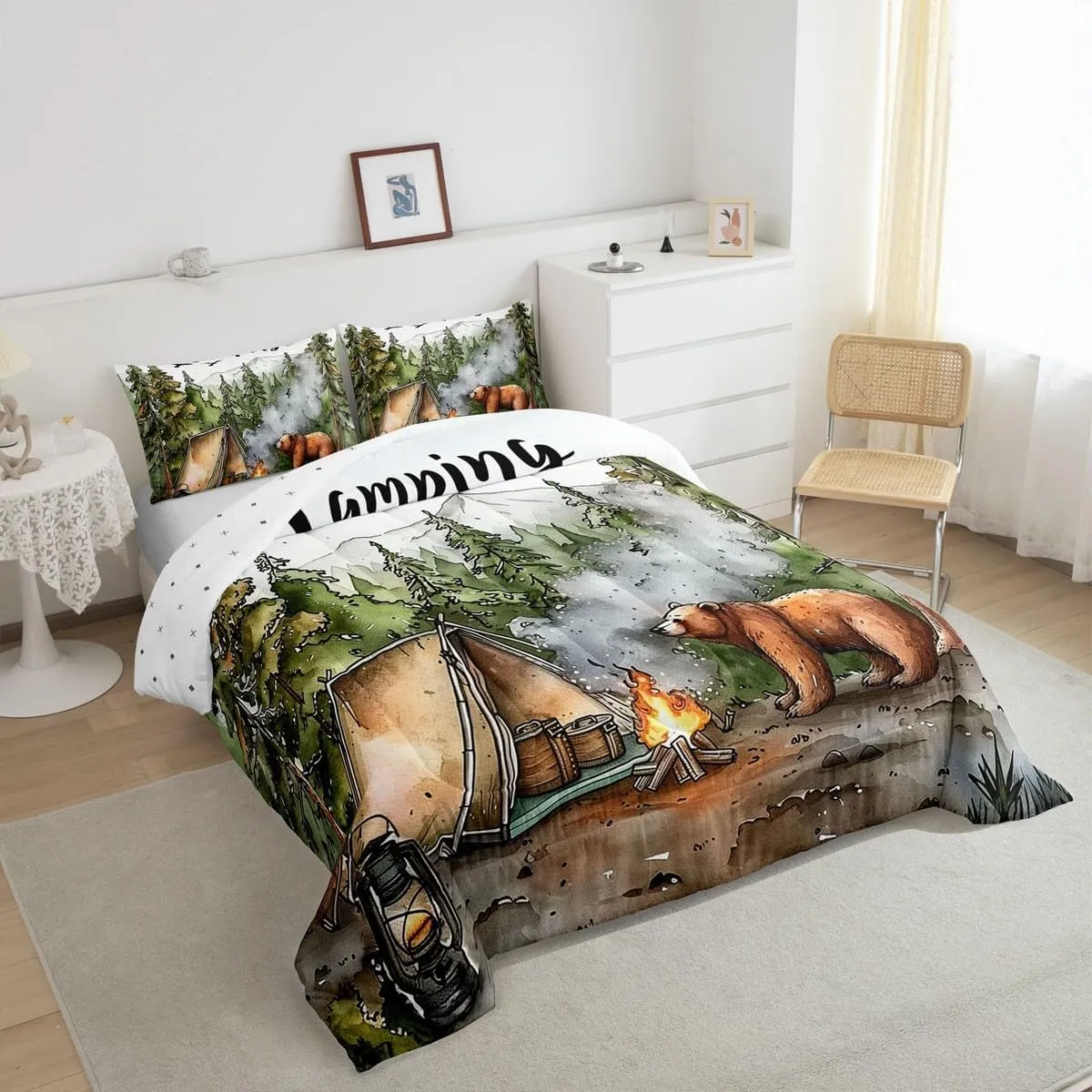 Erosebridal RV Camper Queen Bedding Set,Kids Camping Decor Comforter Set for Travel Trailers,Rustic Cabin Bear Quilt Set Forest Mountain Adventure Bed Comforter Sets,2 Pillowcases