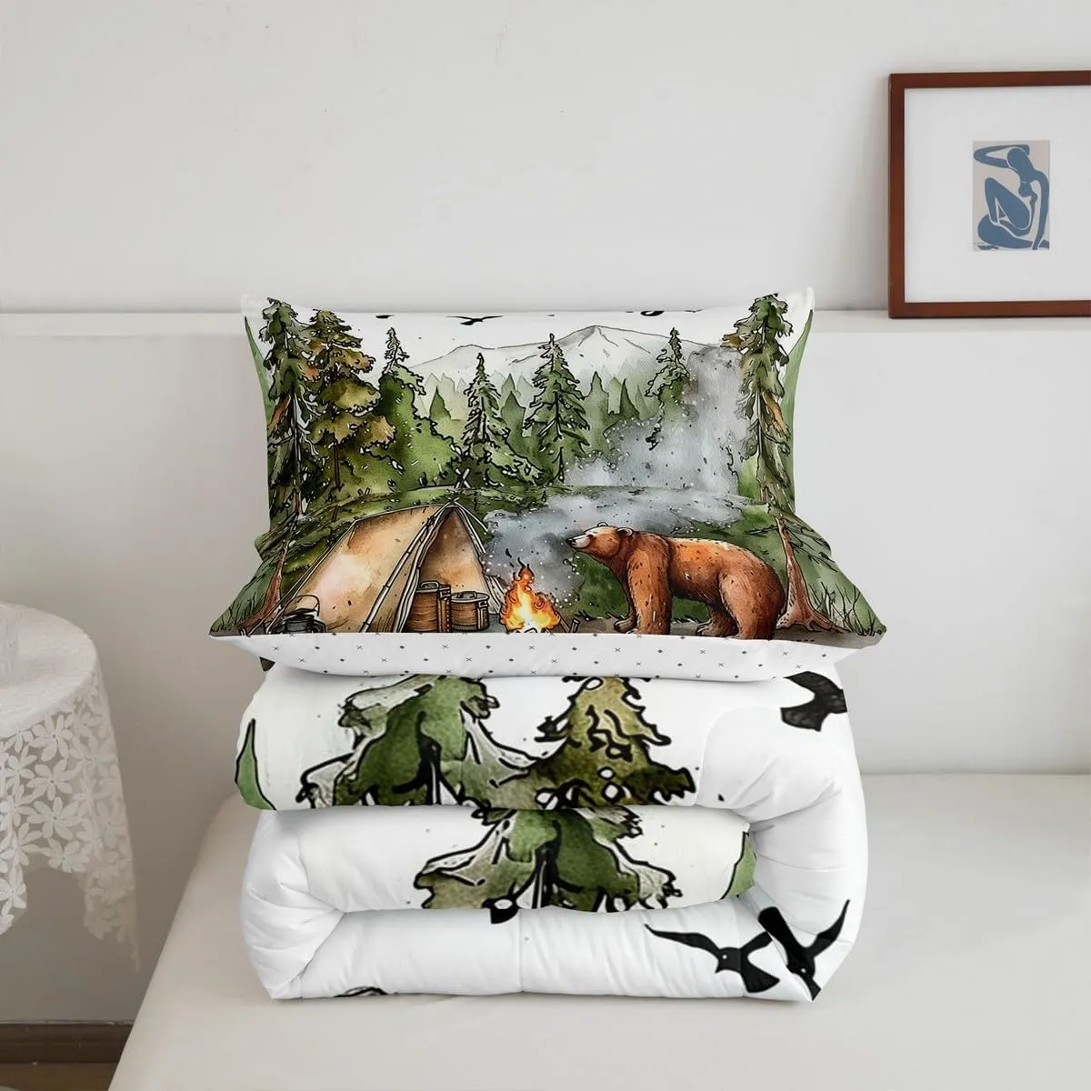 Erosebridal RV Camper Queen Bedding Set,Kids Camping Decor Comforter Set for Travel Trailers,Rustic Cabin Bear Quilt Set Forest Mountain Adventure Bed Comforter Sets,2 Pillowcases