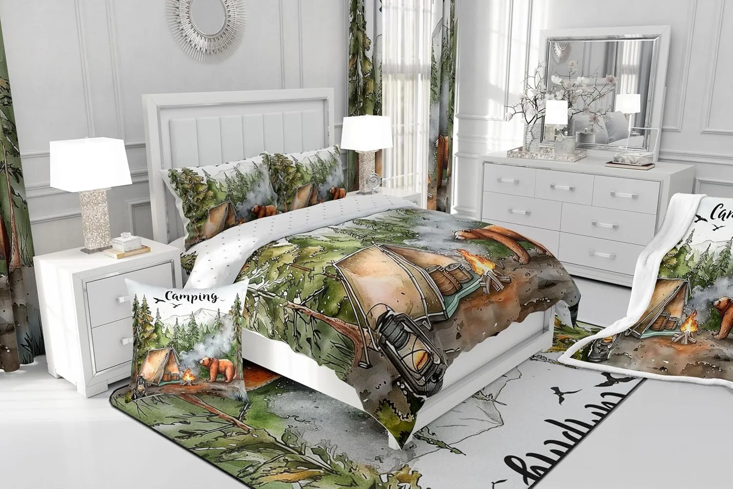 Erosebridal RV Camper Queen Bedding Set,Kids Camping Decor Comforter Set for Travel Trailers,Rustic Cabin Bear Quilt Set Forest Mountain Adventure Bed Comforter Sets,2 Pillowcases