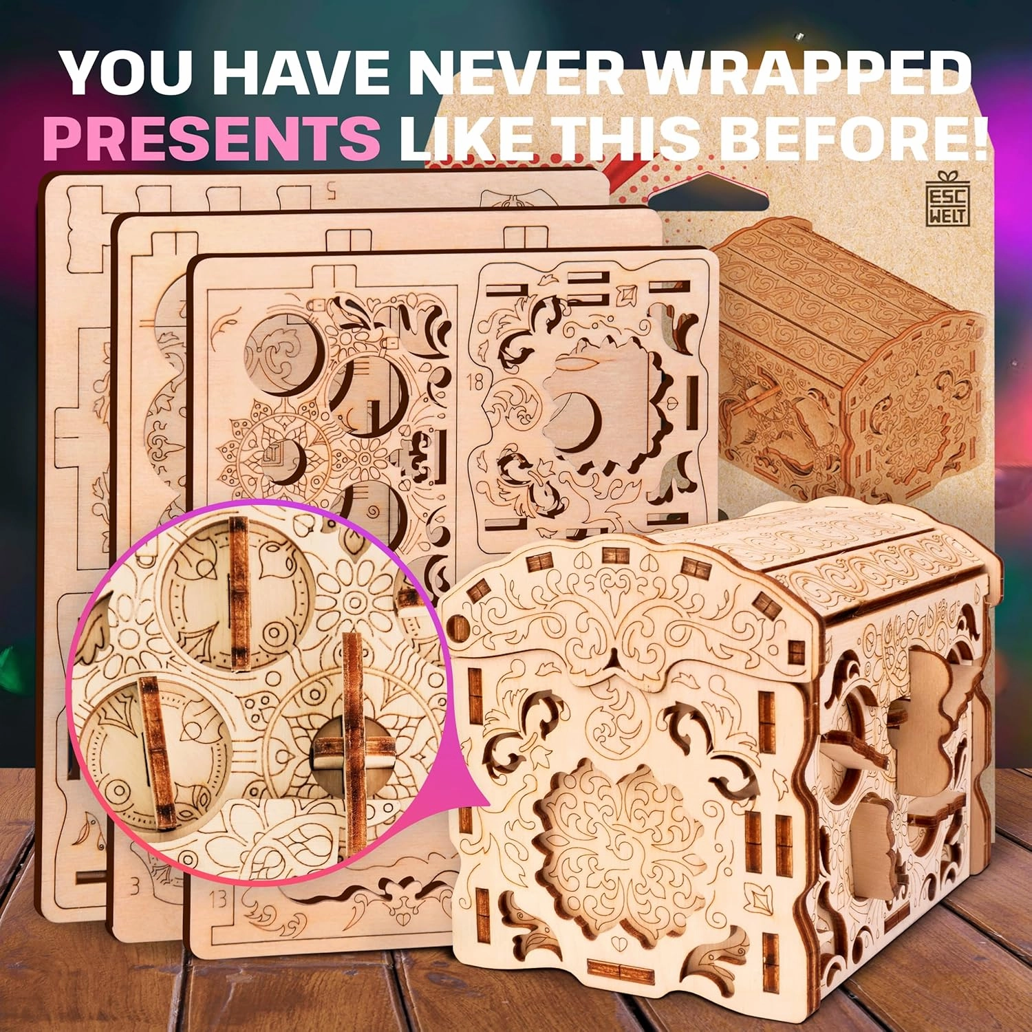 ESC WELT Secret Treasure Box 3D Wooden Puzzle - 3-In-1 Game, Gift Box for Money, Vouchers & Cards - Teenagers & Adults