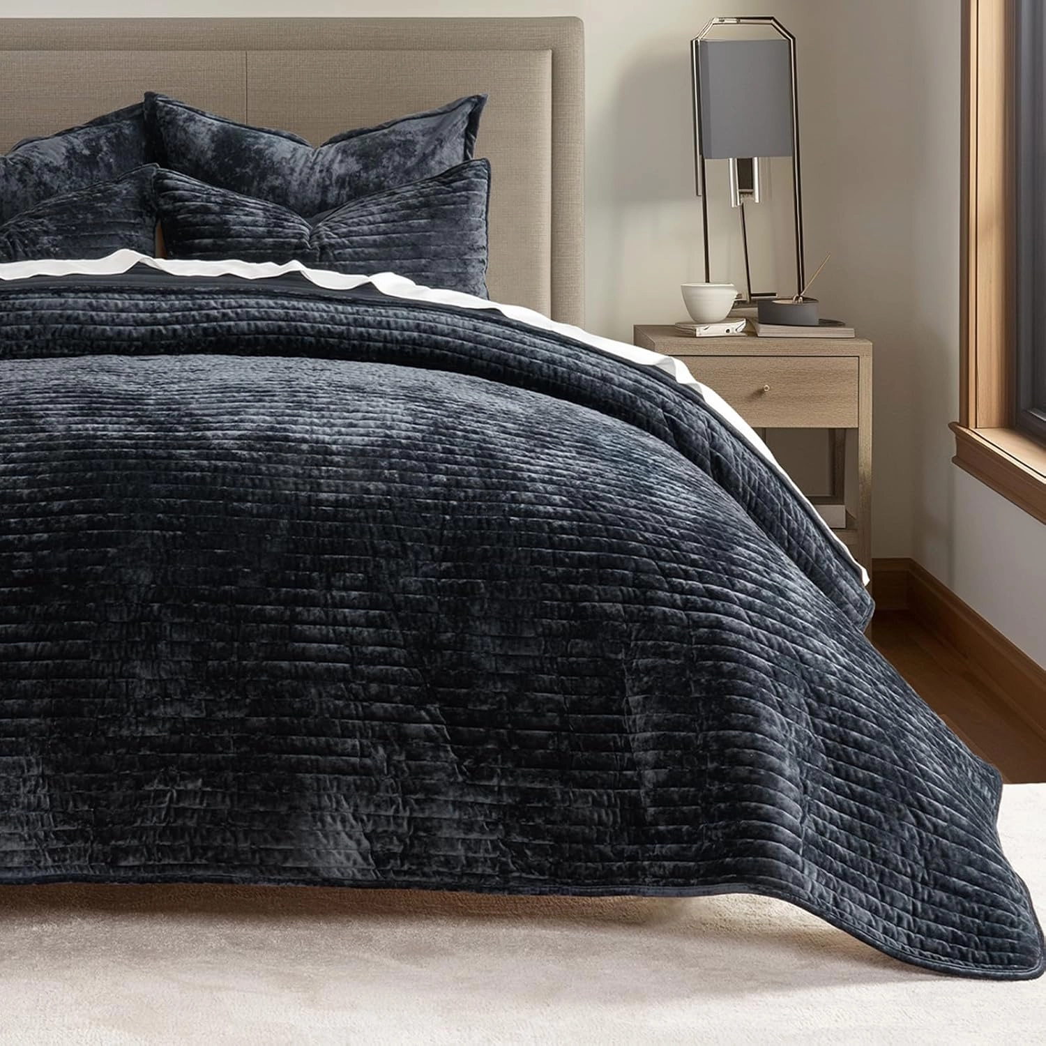 EVERGRACE Velvet Quilt Set King Size, Luxurious Soft Striped Channel Bedding Set, Lightweight Velvet Comforter for All Season, Oversized Bedspread Coverlet with 2 Matching Shams, Black