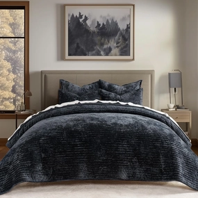 EVERGRACE Velvet Quilt Set King Size, Luxurious Soft Striped Channel Bedding Set, Lightweight Velvet Comforter for All Season, Oversized Bedspread Coverlet with 2 Matching Shams, Black