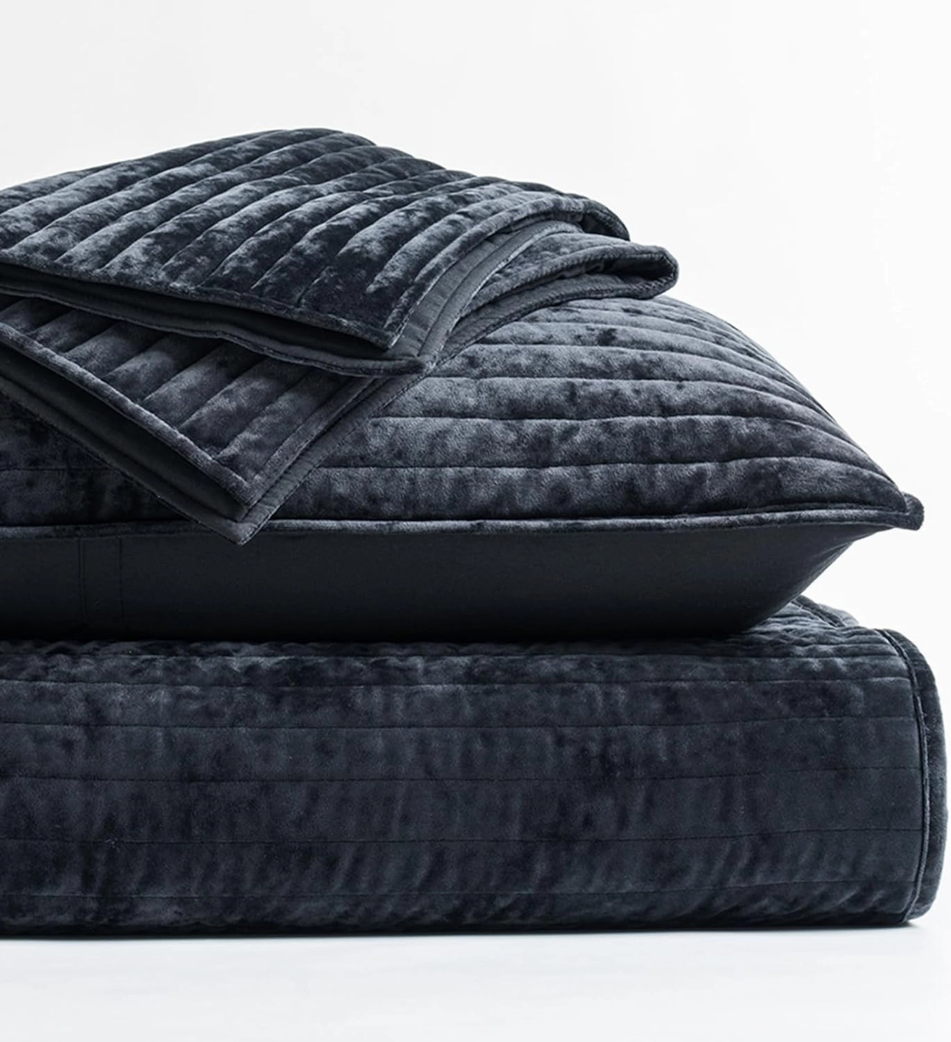 EVERGRACE Velvet Quilt Set King Size, Luxurious Soft Striped Channel Bedding Set, Lightweight Velvet Comforter for All Season, Oversized Bedspread Coverlet with 2 Matching Shams, Black