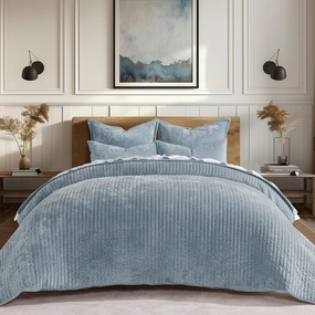 EVERGRACE Velvet Quilt Set Queen Size, Luxurious Soft Striped Channel Bedding Set, Lightweight Velvet Comforter for All Season, Oversized Bedspread Coverlet with 2 Matching Shams, Blue Linen