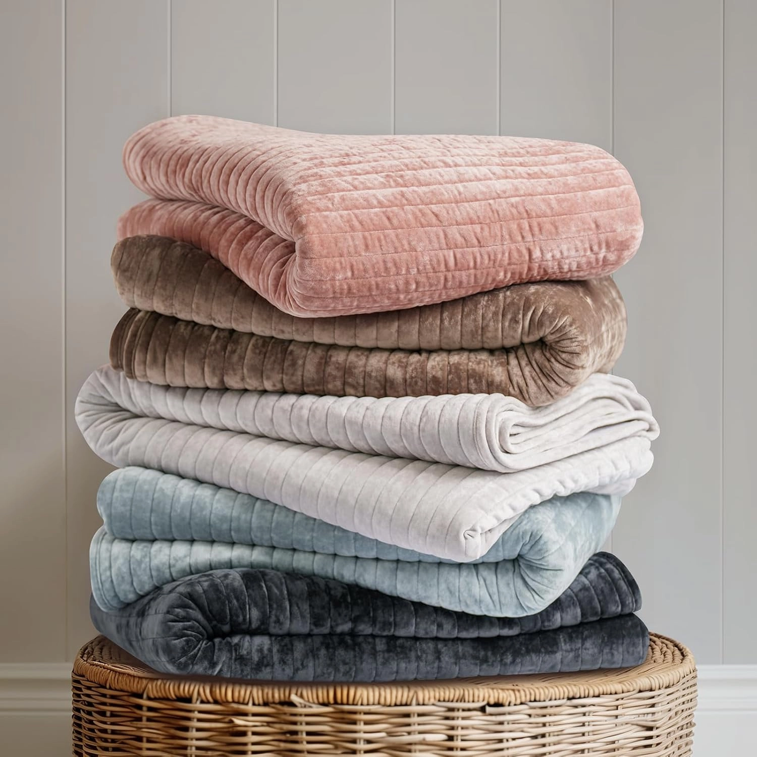 EVERGRACE Velvet Quilt Set Queen Size, Luxurious Soft Striped Channel Bedding Set, Lightweight Velvet Comforter for All Season, Oversized Bedspread Coverlet with 2 Matching Shams, Blue Linen