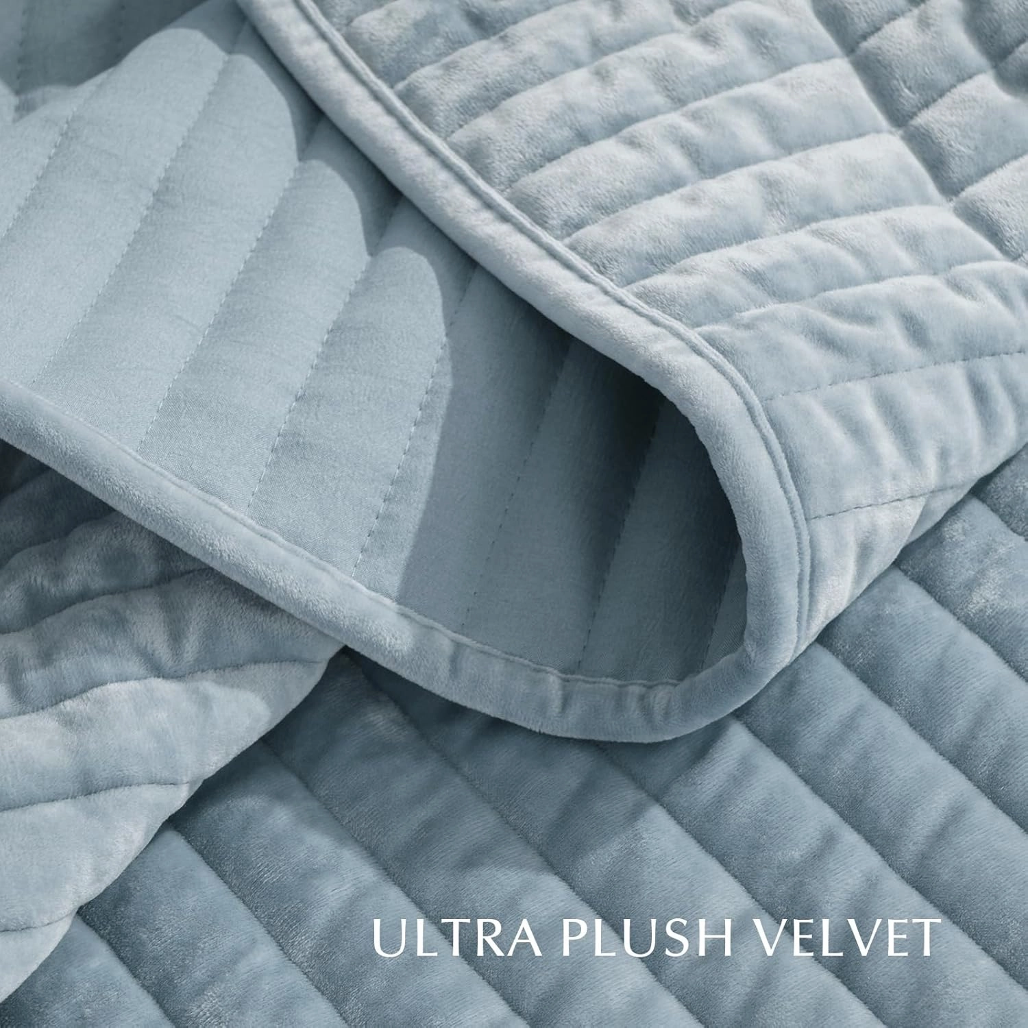 EVERGRACE Velvet Quilt Set Queen Size, Luxurious Soft Striped Channel Bedding Set, Lightweight Velvet Comforter for All Season, Oversized Bedspread Coverlet with 2 Matching Shams, Blue Linen