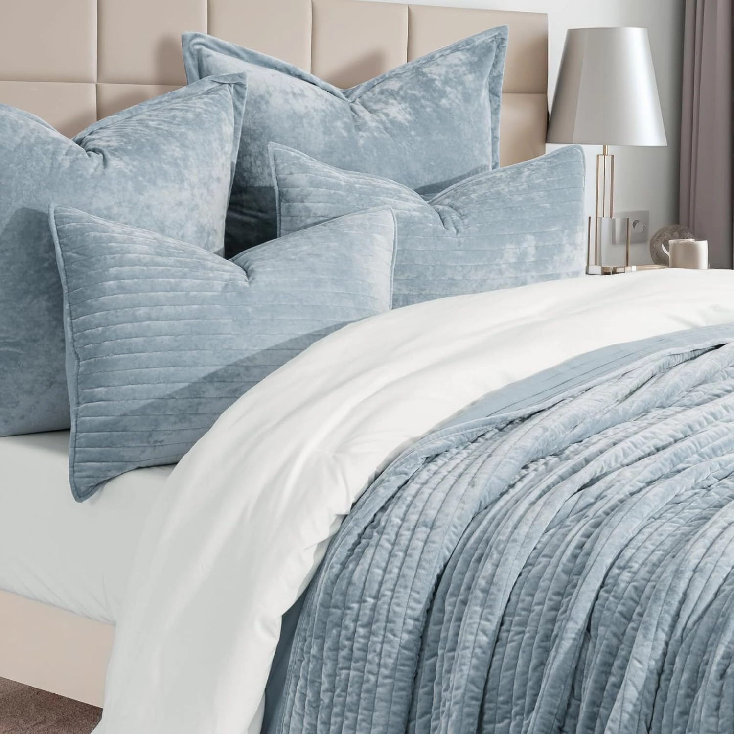 EVERGRACE Velvet Quilt Set Queen Size, Luxurious Soft Striped Channel Bedding Set, Lightweight Velvet Comforter for All Season, Oversized Bedspread Coverlet with 2 Matching Shams, Blue Linen