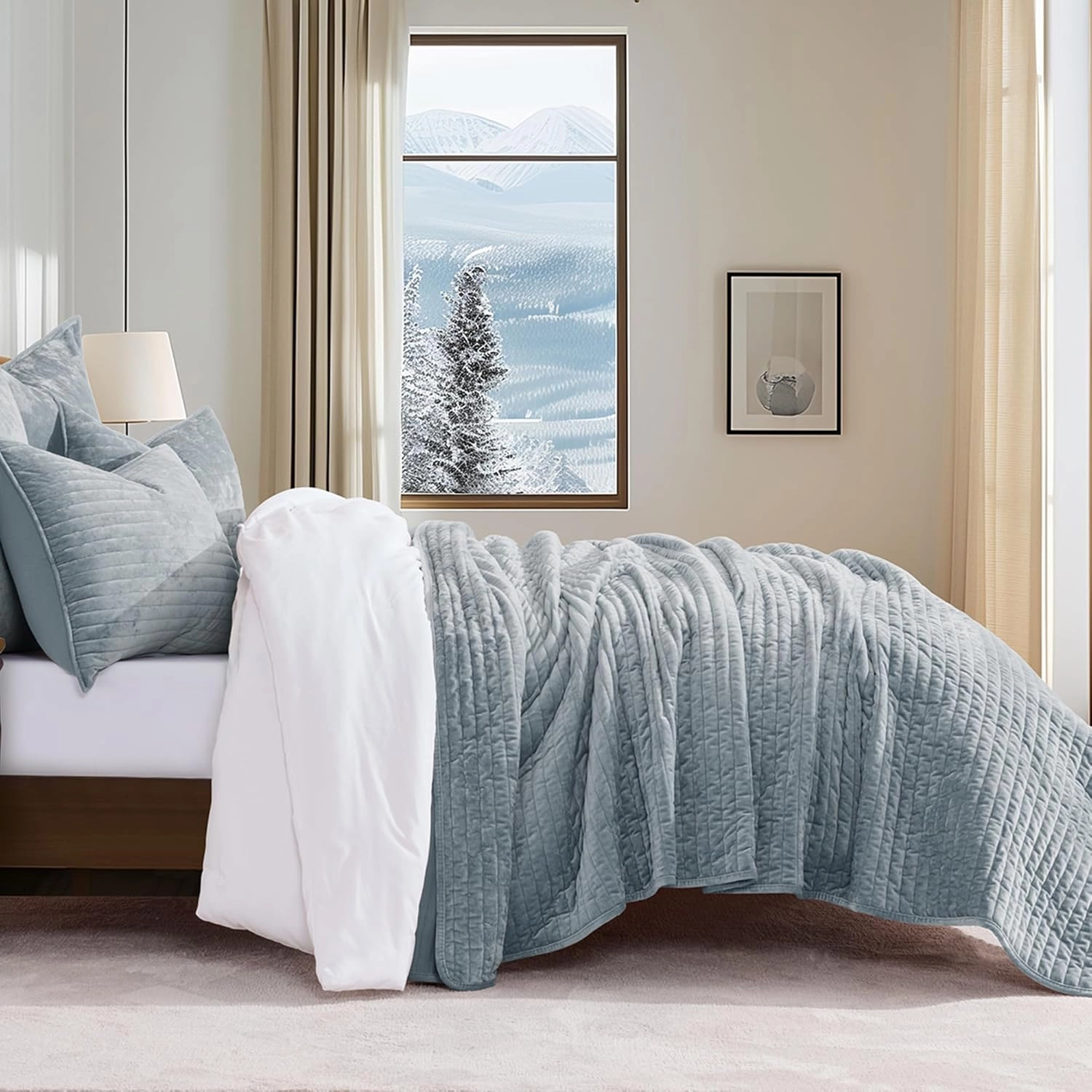 EVERGRACE Velvet Quilt Set Queen Size, Luxurious Soft Striped Channel Bedding Set, Lightweight Velvet Comforter for All Season, Oversized Bedspread Coverlet with 2 Matching Shams, Blue Linen
