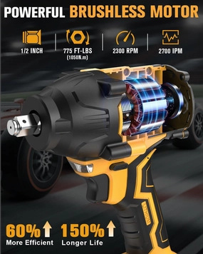 EWORK 21V Brushless Cordless Impact Wrench 1/2 Inch - 775 Ft-lbs High Torque, 4.0Ah Battery & Fast Charger, Compact Power Tool for Automotive, Truck, SUV Heavy-Duty Jobs