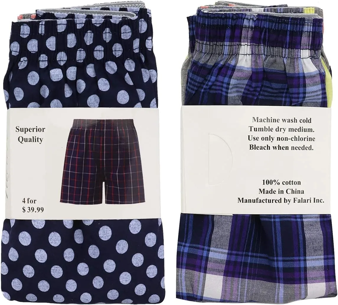 Falari 4-Pack Men's Boxer Underwear 100% Cotton Premium Quality
