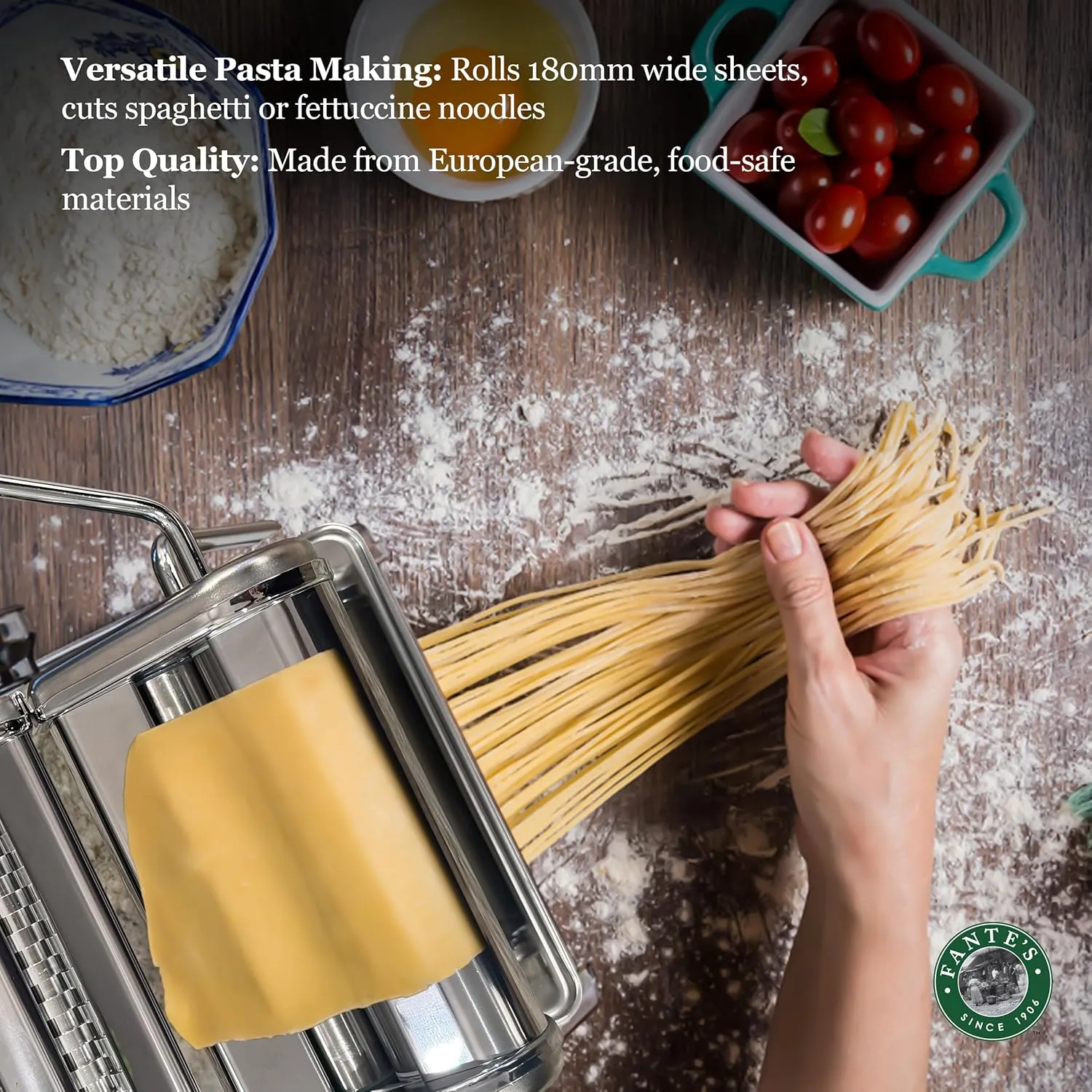 Fante’s Double Cutter Classic Pasta Maker, Hand-Crank Noodle Press with Adjustable Thickness Settings for Fresh Homemade Pasta, Dumplings
