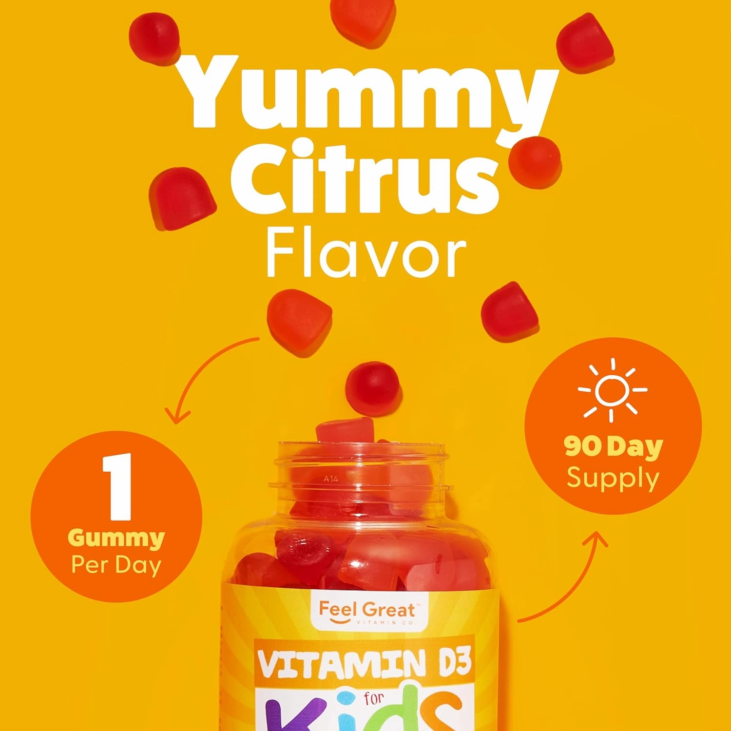 Feel Great Kids Vitamin D3 1000 IU Gummies | Kids Vitamin D Gummies for Healthy Bones, Mood, & Immune Support | Citrus Flavored Vegetarian D3 Gummies | 90 Day Supply