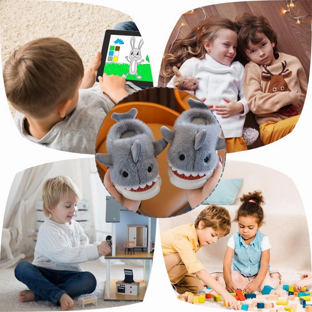 Fiedaz Boys Girls Shark Slippers for Toddler Kids - Cute Plush Warm Non-Slip Indoor Bedroom Winter Shoes