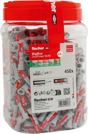 fischer DuoPower 8 x 40 in The BigBox, 450 Universal Dowels, Powerful 2-Component Dowels, Plastic Dowels for Mounting in Concrete, Bricks, Stone, Plasterboard Panels and Much More, Without Screws