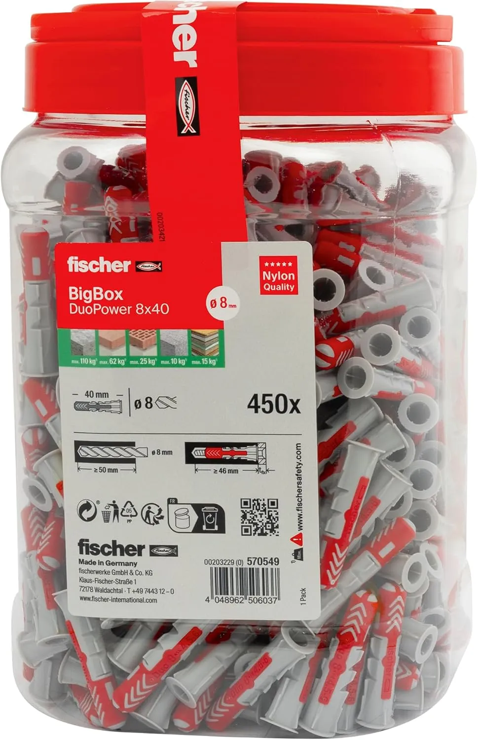 fischer DuoPower 8 x 40 in The BigBox, 450 Universal Dowels, Powerful 2-Component Dowels, Plastic Dowels for Mounting in Concrete, Bricks, Stone, Plasterboard Panels and Much More, Without Screws