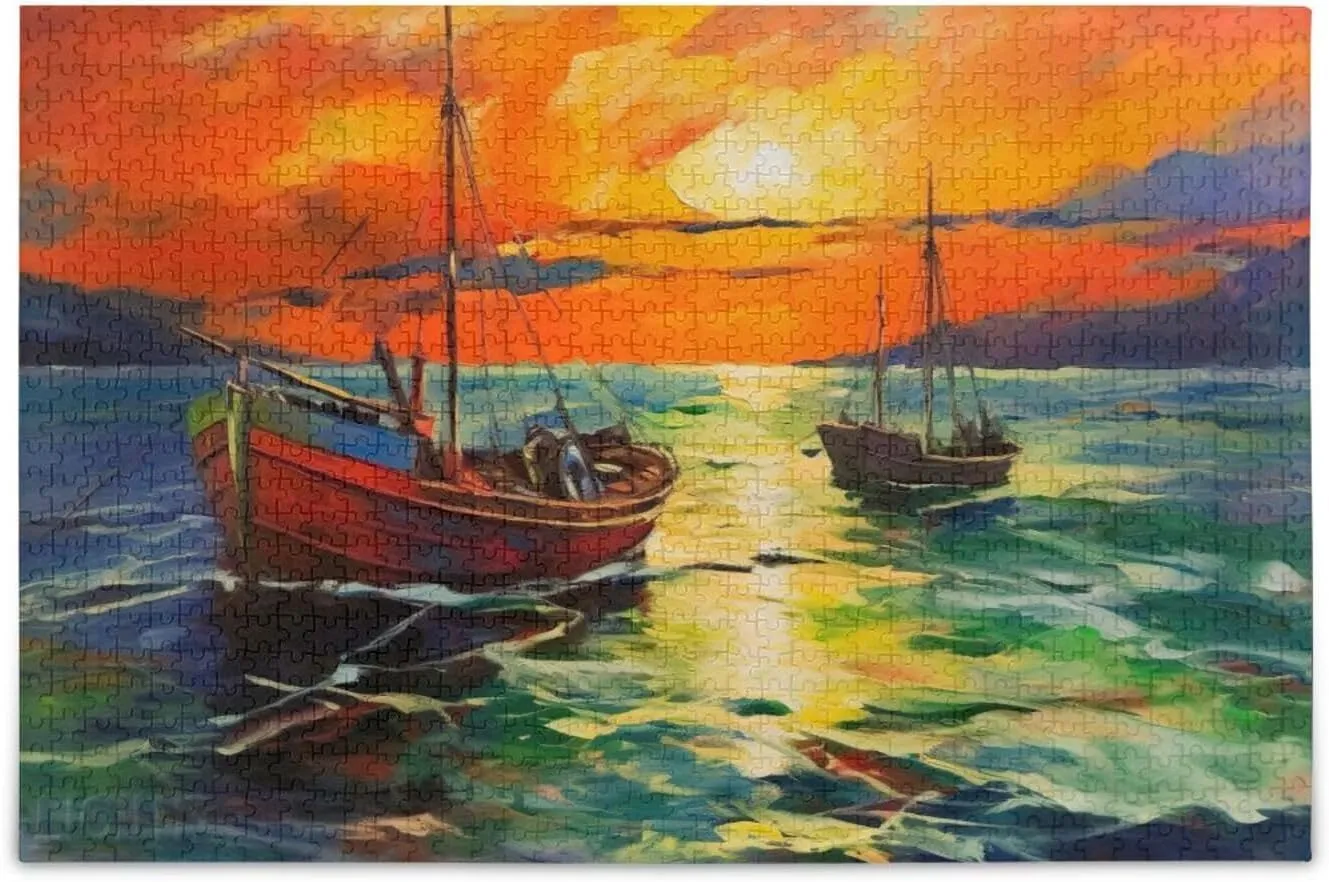 Fishing Boat Painting Puzzle 1000 Pieces Wooden Jigsaw Puzzles for Family Games Suitable for Teenagers and Adults