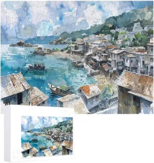 Fishing Village Unique Shaped Wooden Puzzle for Adults and Kids Birthday Gift Family Game 500 Piece Jigsaw Puzzle for Adults Kids Great Gift for Family Friends