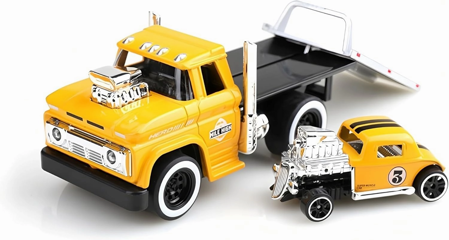 Flatbed Tow Truck Toy Rollback 1:64 Scale Diecast Model Car, Muscle Trailer Series 2 in 1 Vehicle Playset Gift for Kids 3 Year Old Up, Adults and Collectors (Yellow)