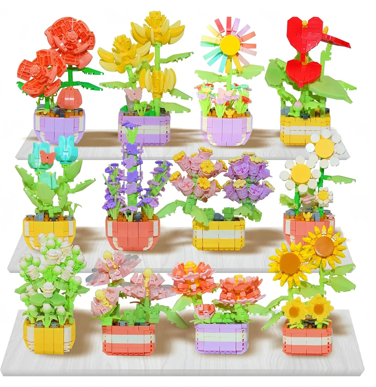 Flower Botanical Collection Mini Building Block Set, Plants Office Home Decor Bonsai, Creative Toys Building Project for Adults, Gifts Ideas for Adults Teens (Pack of 12)